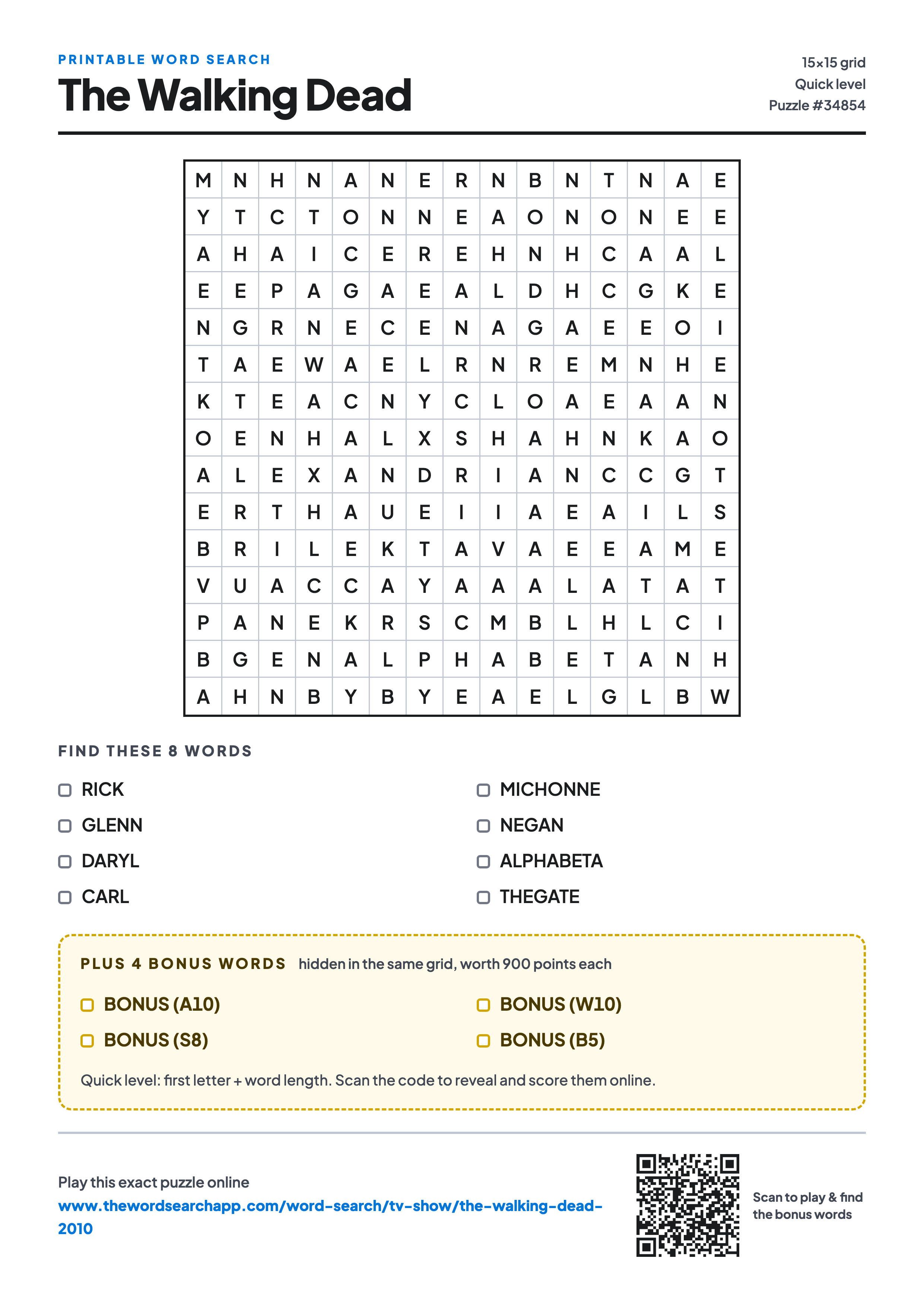 Printable The Walking Dead word search — 15×15 letter grid with 8 words to find including RICK, GLENN, DARYL, plus 4 hidden bonus words