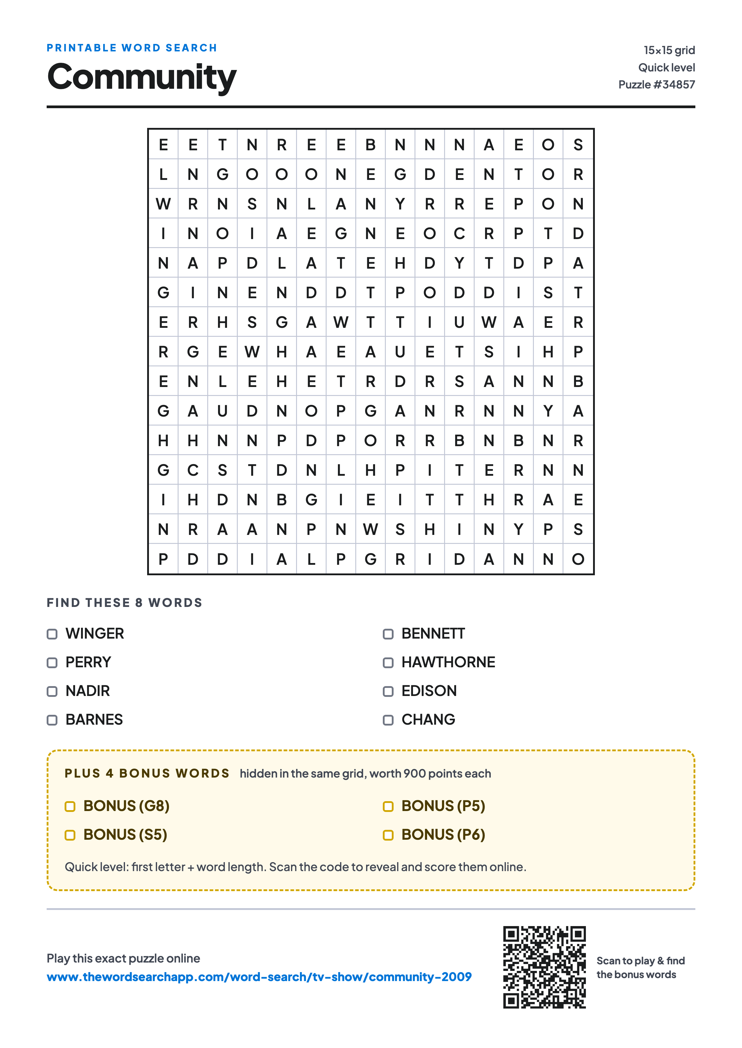 Printable Community word search — 15×15 letter grid with 8 words to find including WINGER, PERRY, NADIR, plus 4 hidden bonus words