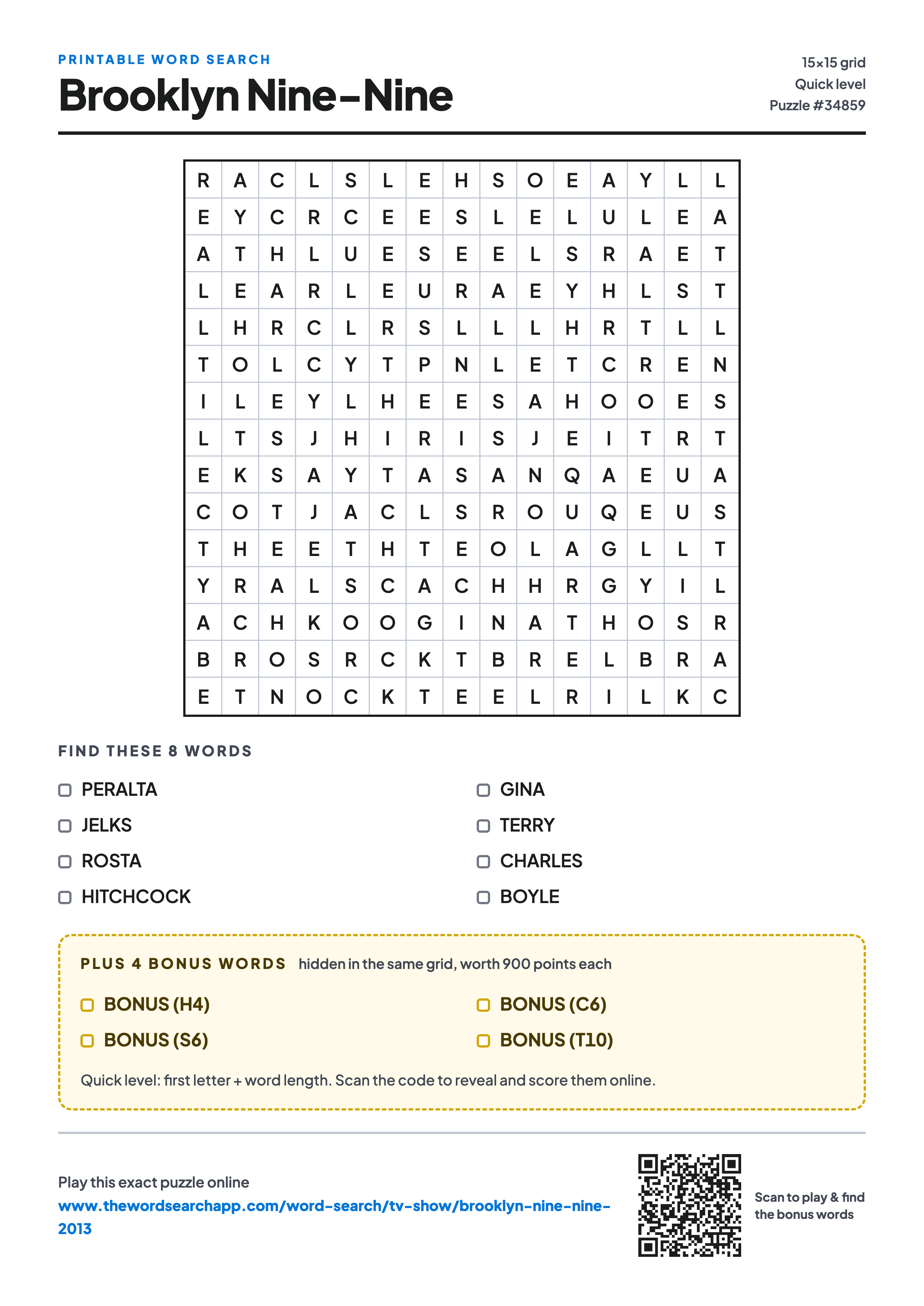 Printable Brooklyn Nine-Nine word search — 15×15 letter grid with 8 words to find including PERALTA, JELKS, ROSTA, plus 4 hidden bonus words