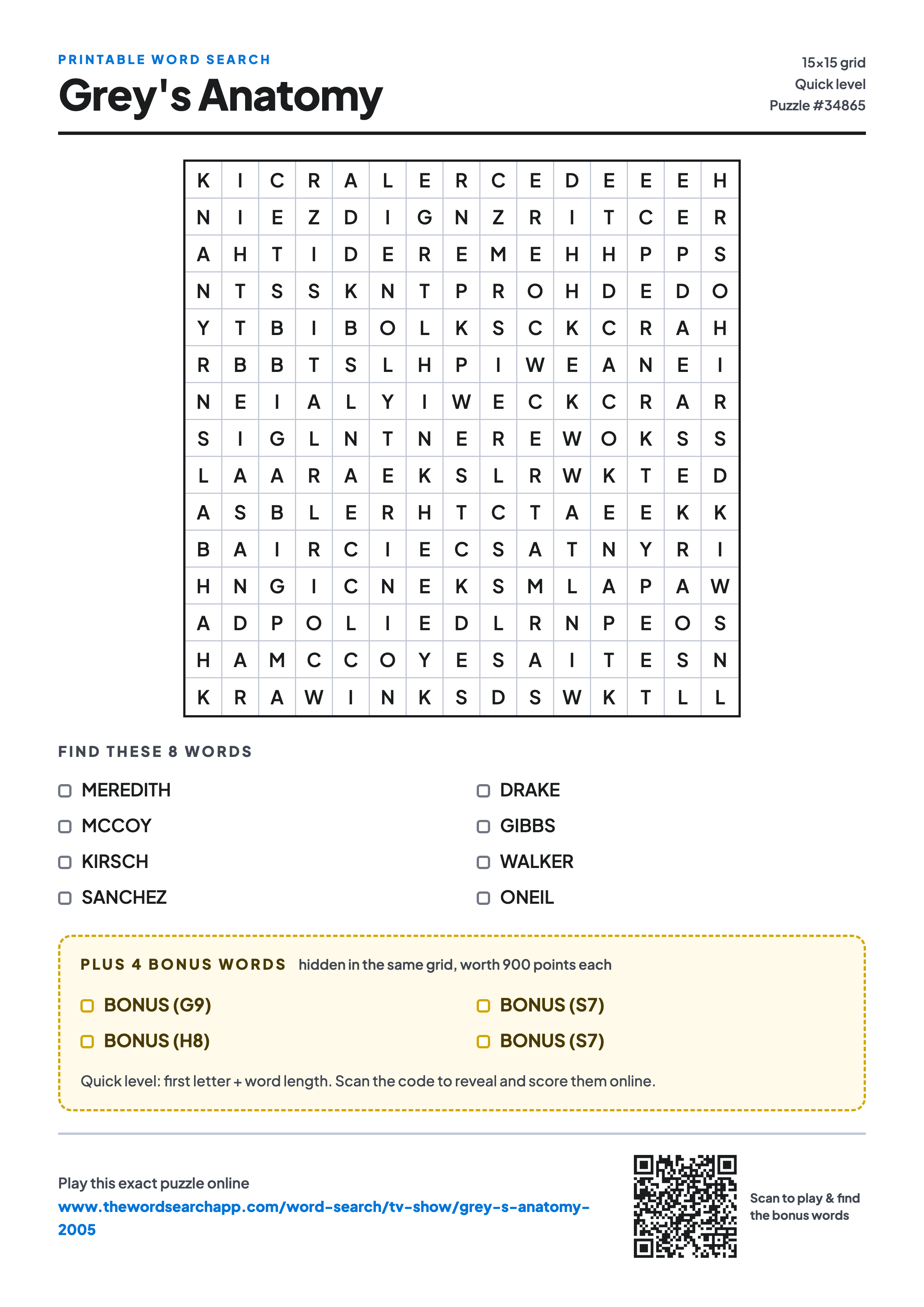 Printable Grey's Anatomy word search — 15×15 letter grid with 8 words to find including MEREDITH, MCCOY, KIRSCH, plus 4 hidden bonus words