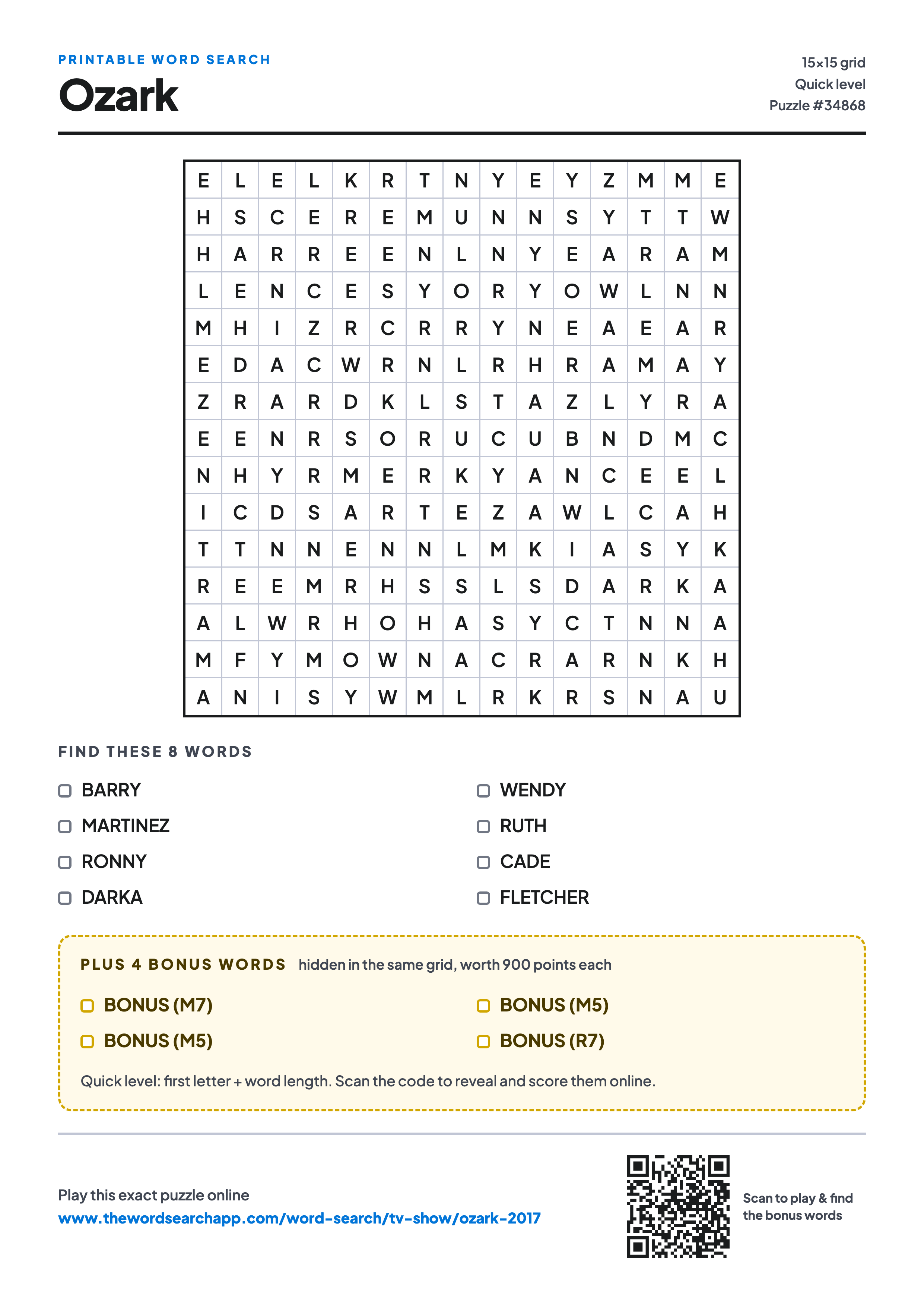 Printable Ozark word search — 15×15 letter grid with 8 words to find including BARRY, MARTINEZ, RONNY, plus 4 hidden bonus words