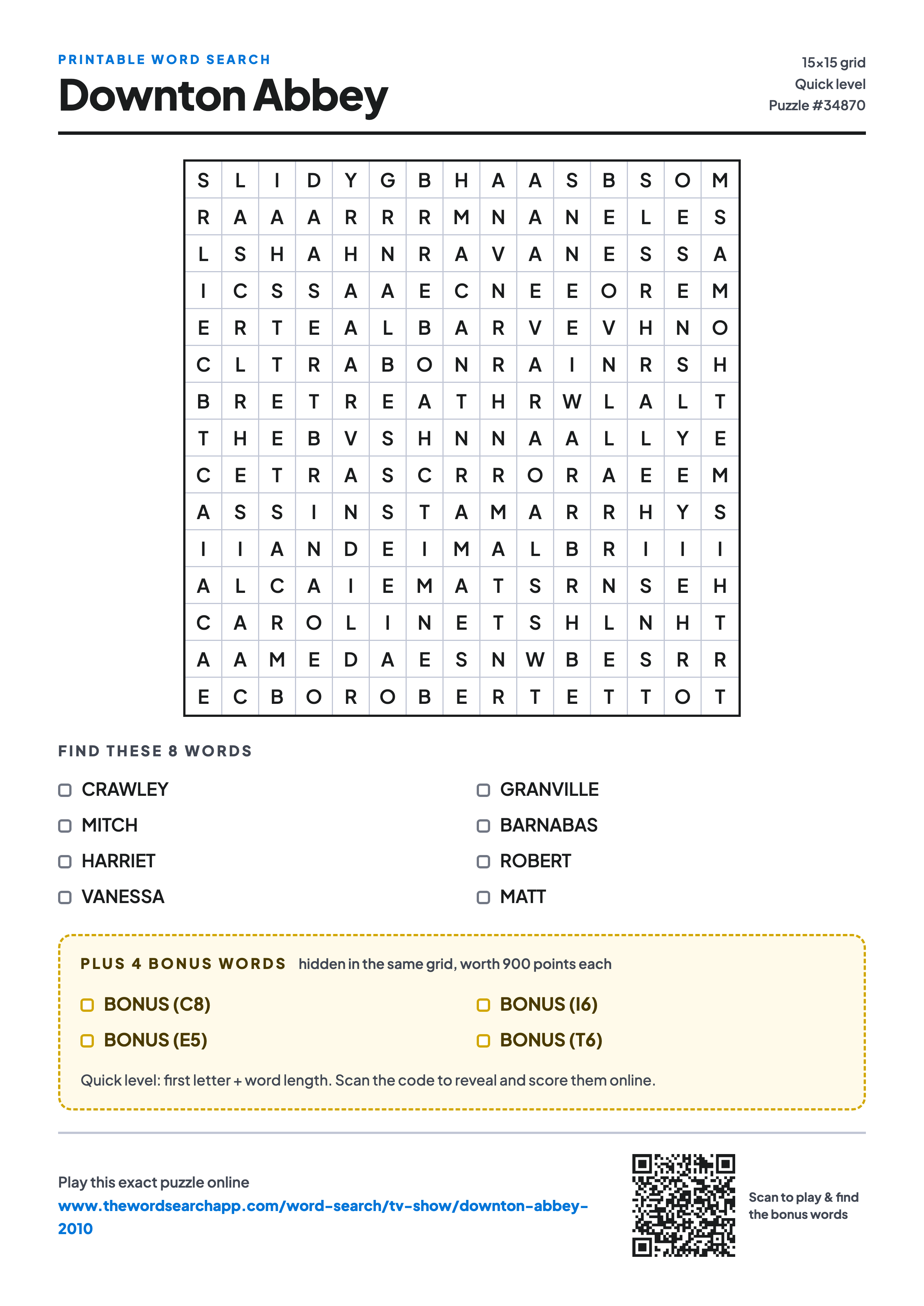 Printable Downton Abbey word search — 15×15 letter grid with 8 words to find including CRAWLEY, MITCH, HARRIET, plus 4 hidden bonus words
