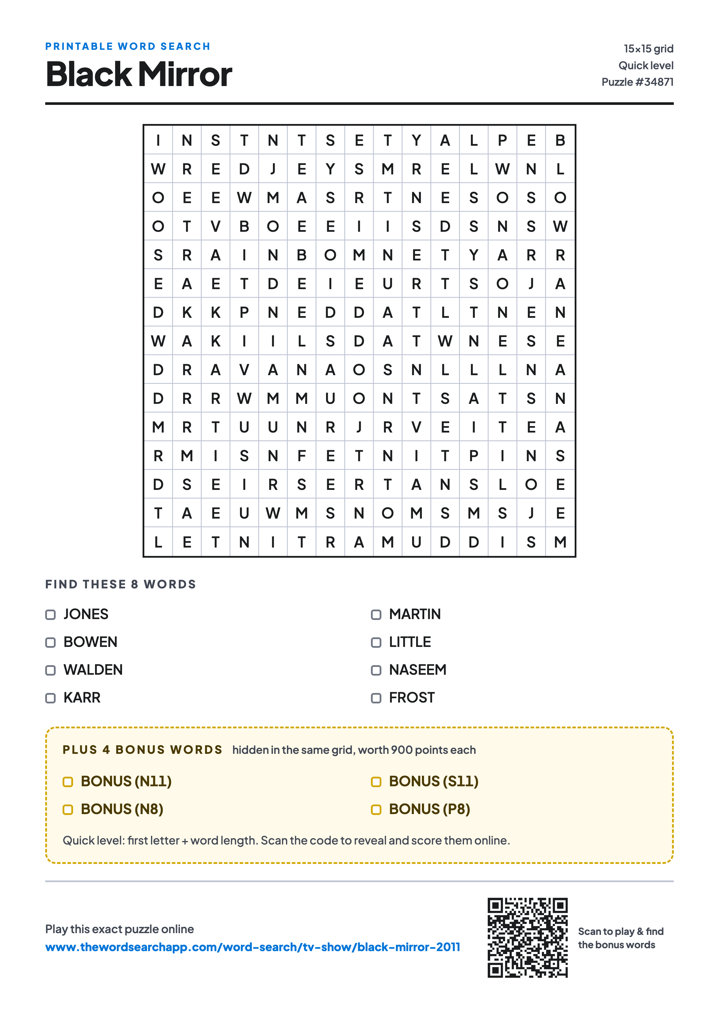 Printable Black Mirror word search — 15×15 letter grid with 8 words to find including JONES, BOWEN, WALDEN, plus 4 hidden bonus words