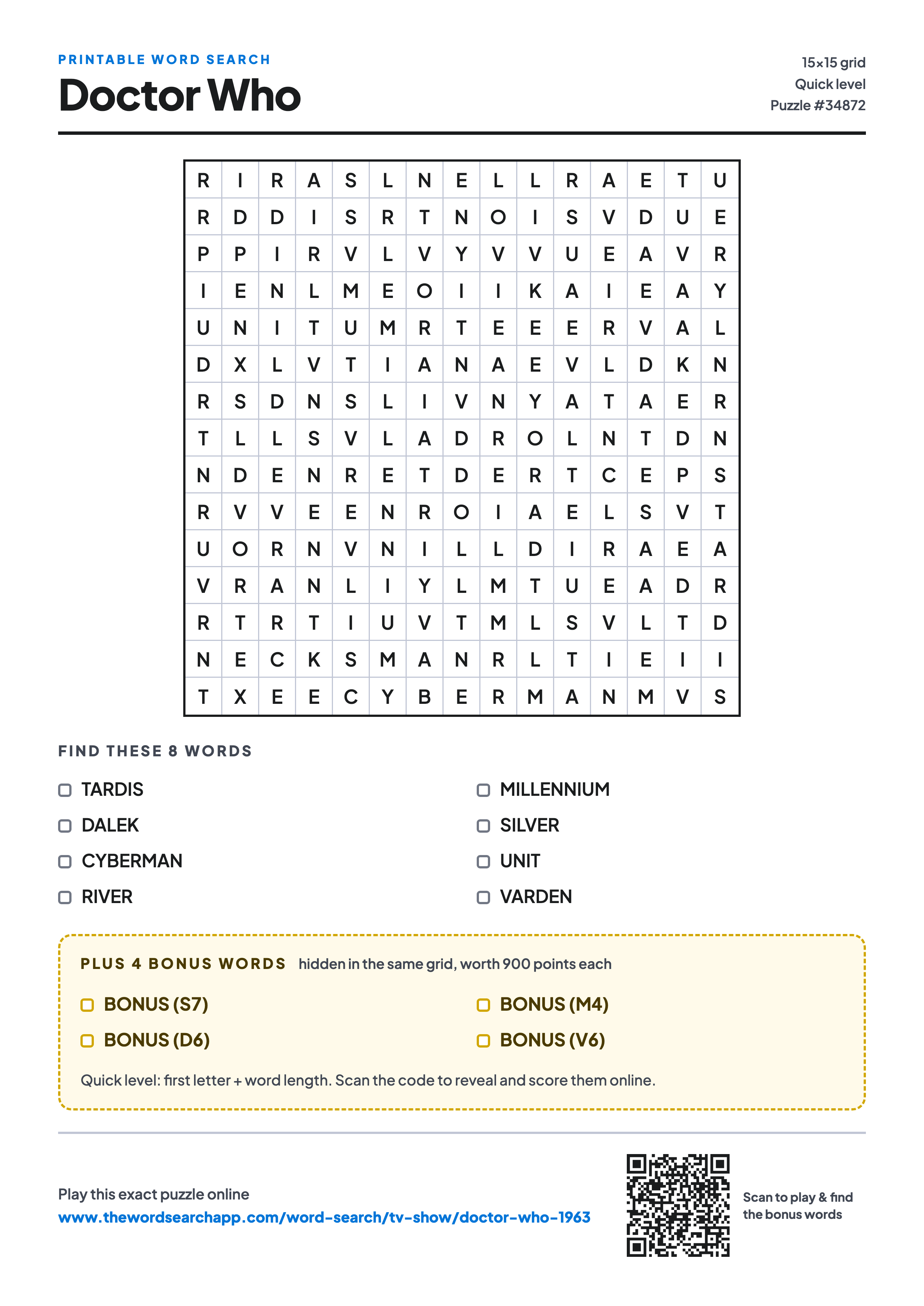 Printable Doctor Who word search — 15×15 letter grid with 8 words to find including TARDIS, DALEK, CYBERMAN, plus 4 hidden bonus words