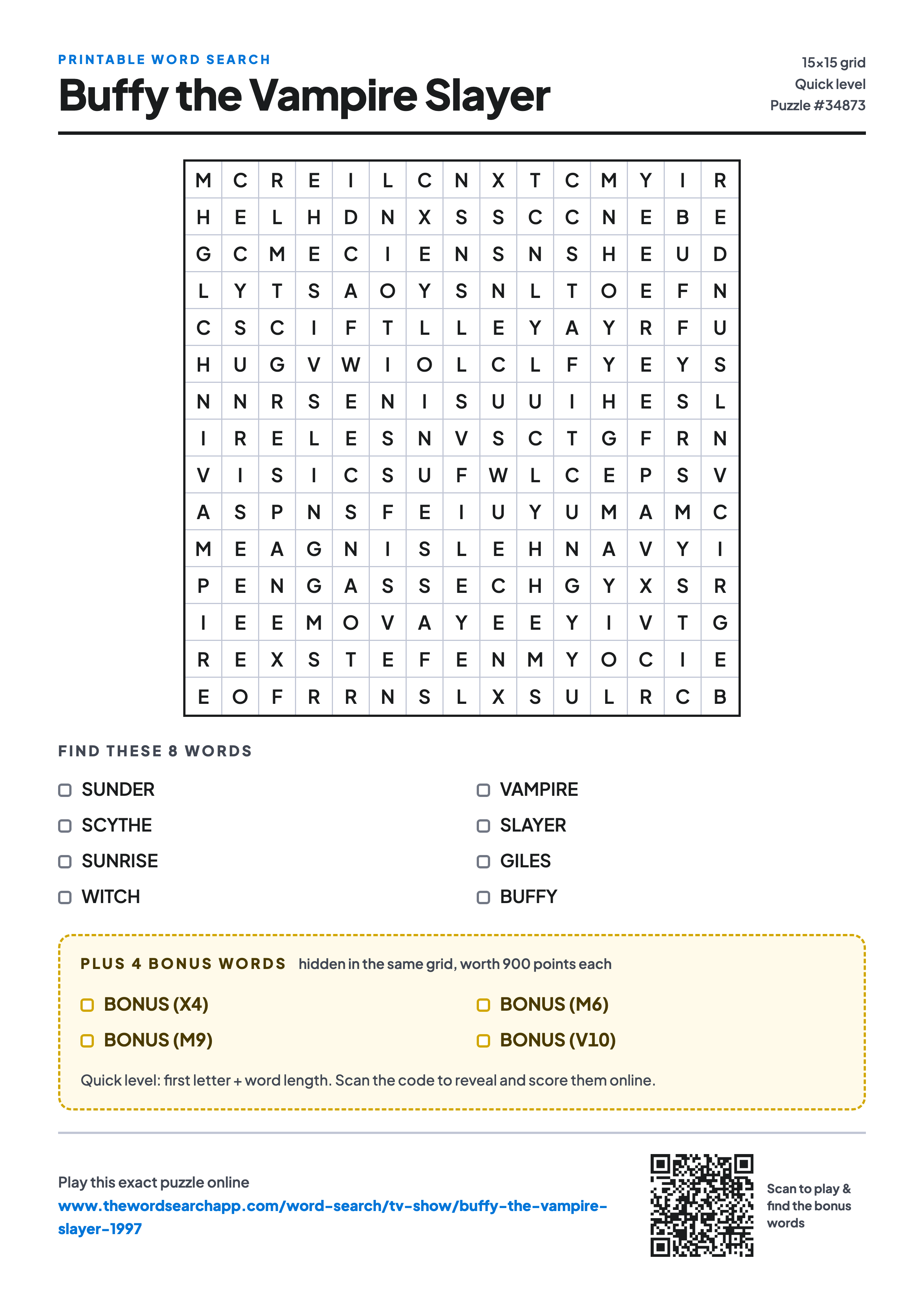 Printable Buffy the Vampire Slayer word search — 15×15 letter grid with 8 words to find including SUNDER, SCYTHE, SUNRISE, plus 4 hidden bonus words