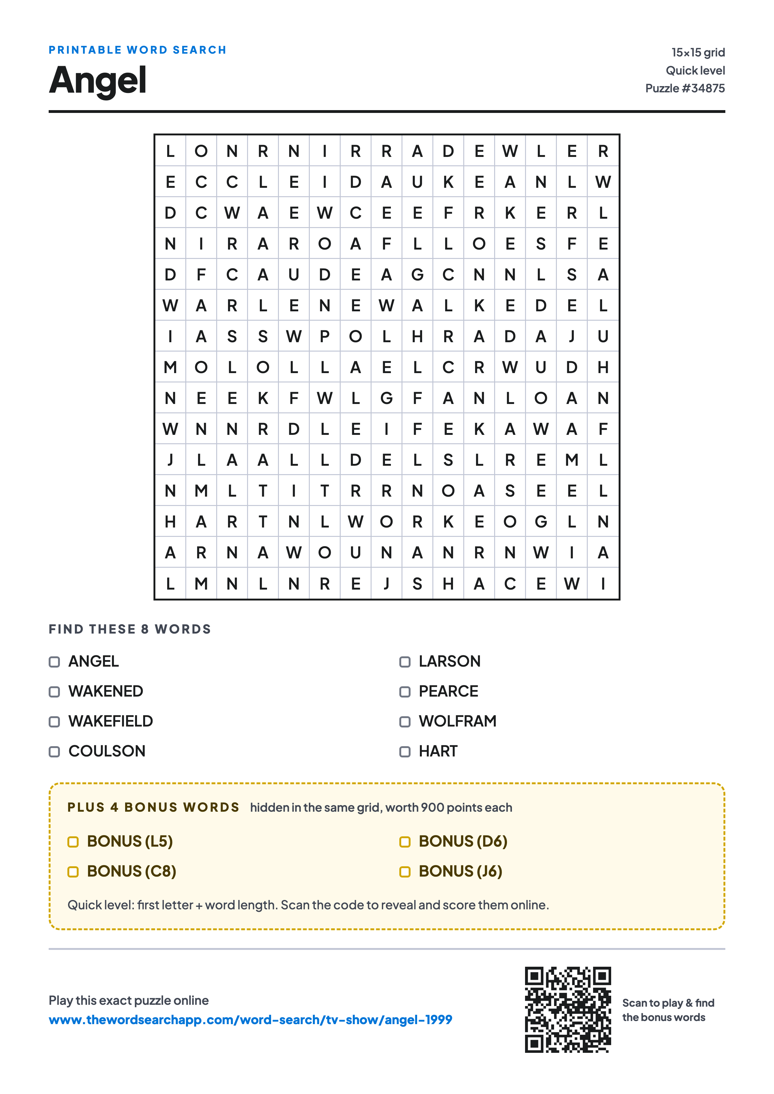 Printable Angel word search — 15×15 letter grid with 8 words to find including ANGEL, WAKENED, WAKEFIELD, plus 4 hidden bonus words
