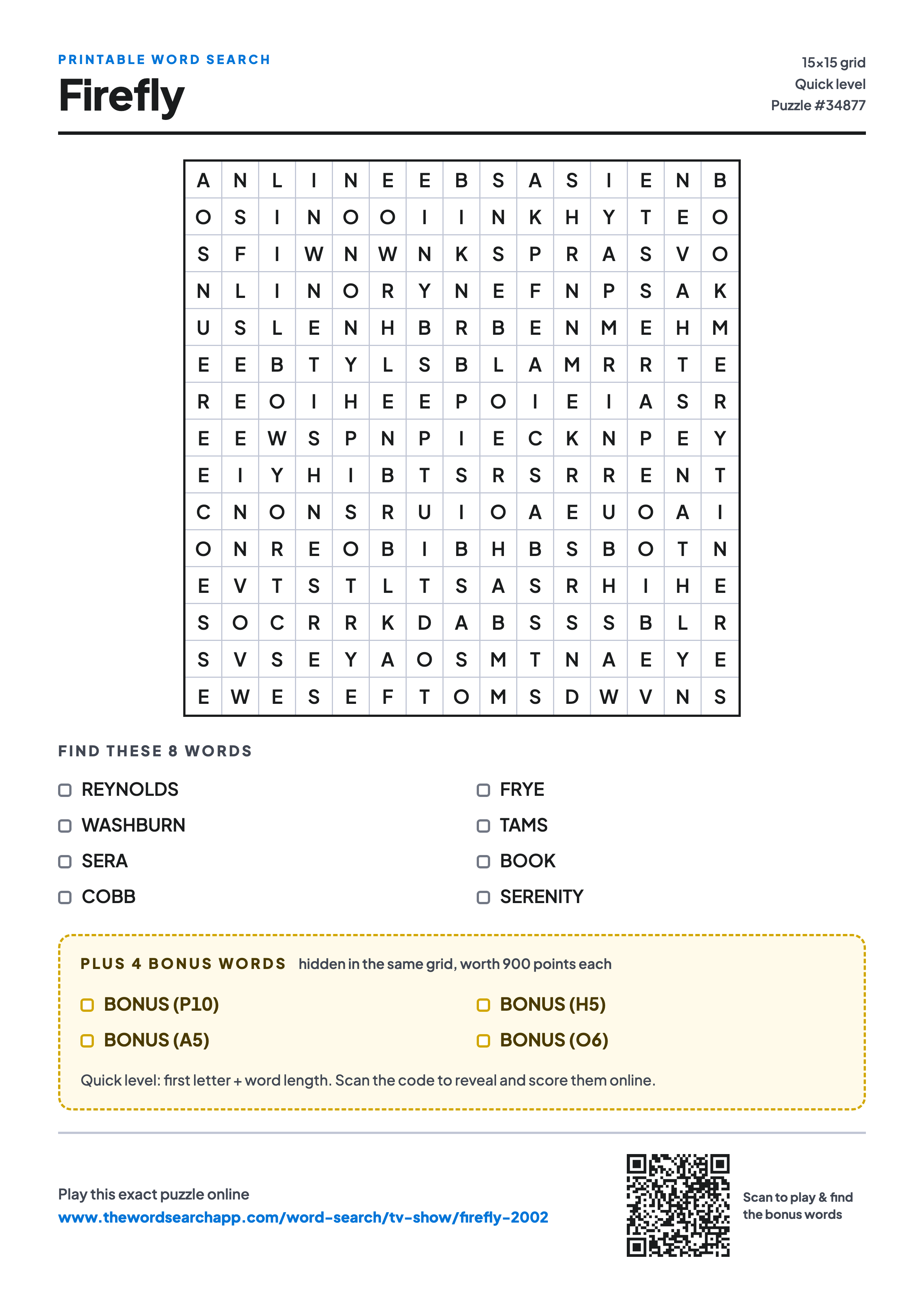 Printable Firefly word search — 15×15 letter grid with 8 words to find including REYNOLDS, WASHBURN, SERA, plus 4 hidden bonus words