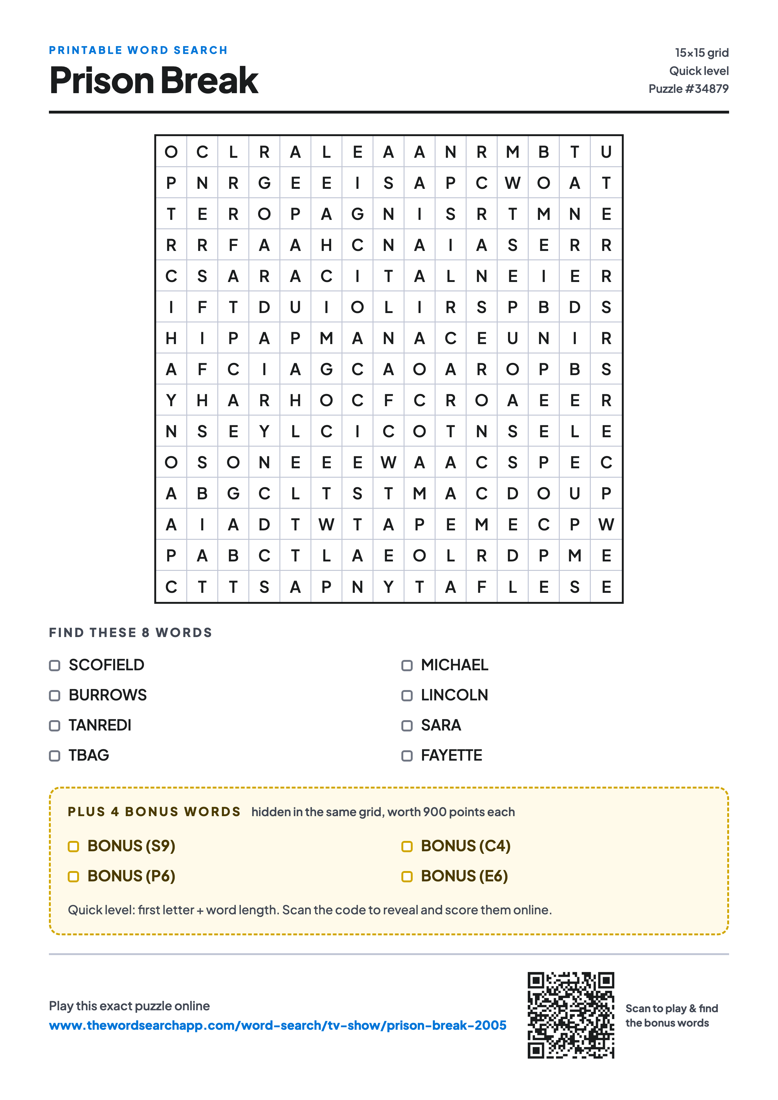 Printable Prison Break word search — 15×15 letter grid with 8 words to find including SCOFIELD, BURROWS, TANREDI, plus 4 hidden bonus words