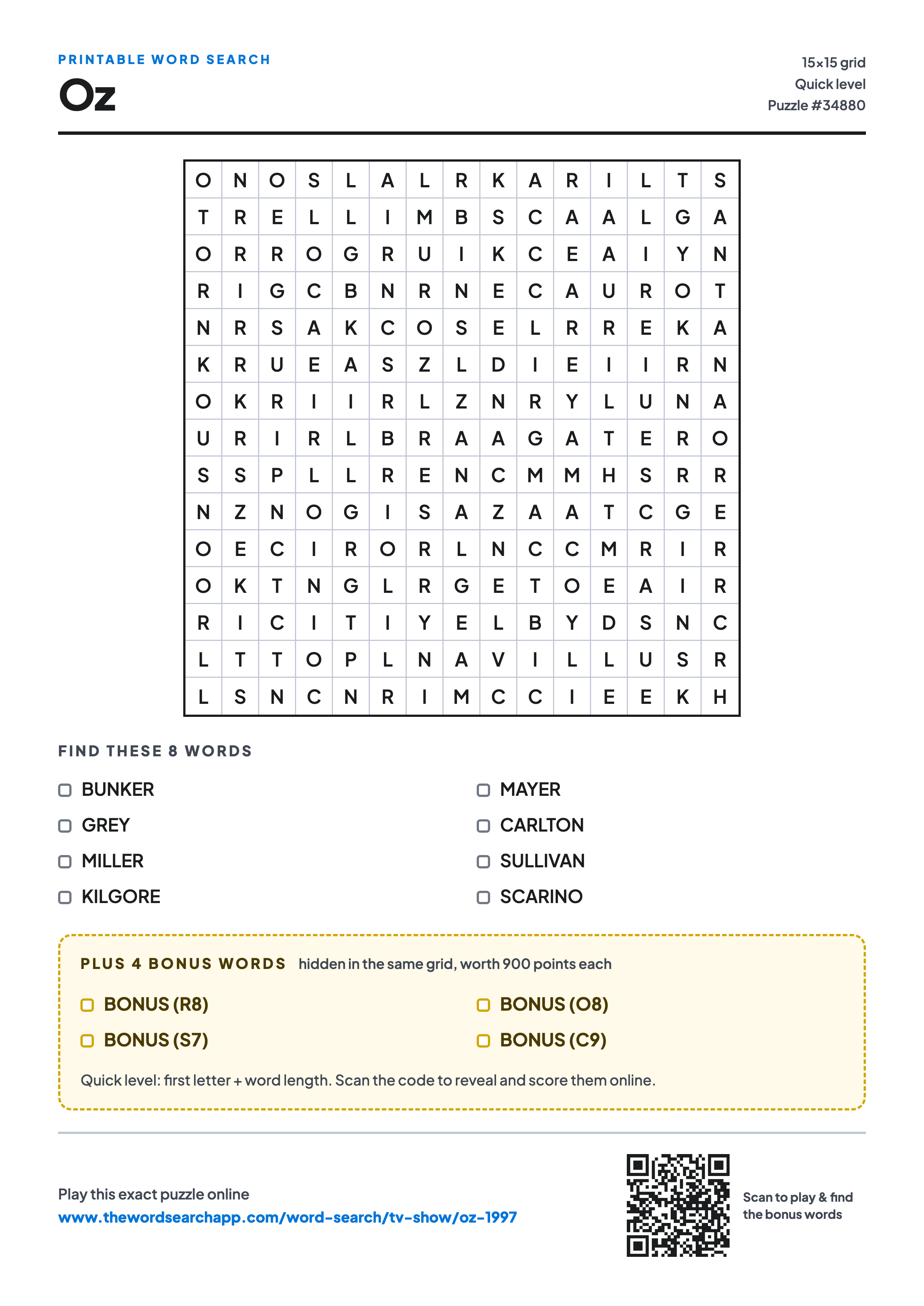 Printable Oz word search — 15×15 letter grid with 8 words to find including BUNKER, GREY, MILLER, plus 4 hidden bonus words
