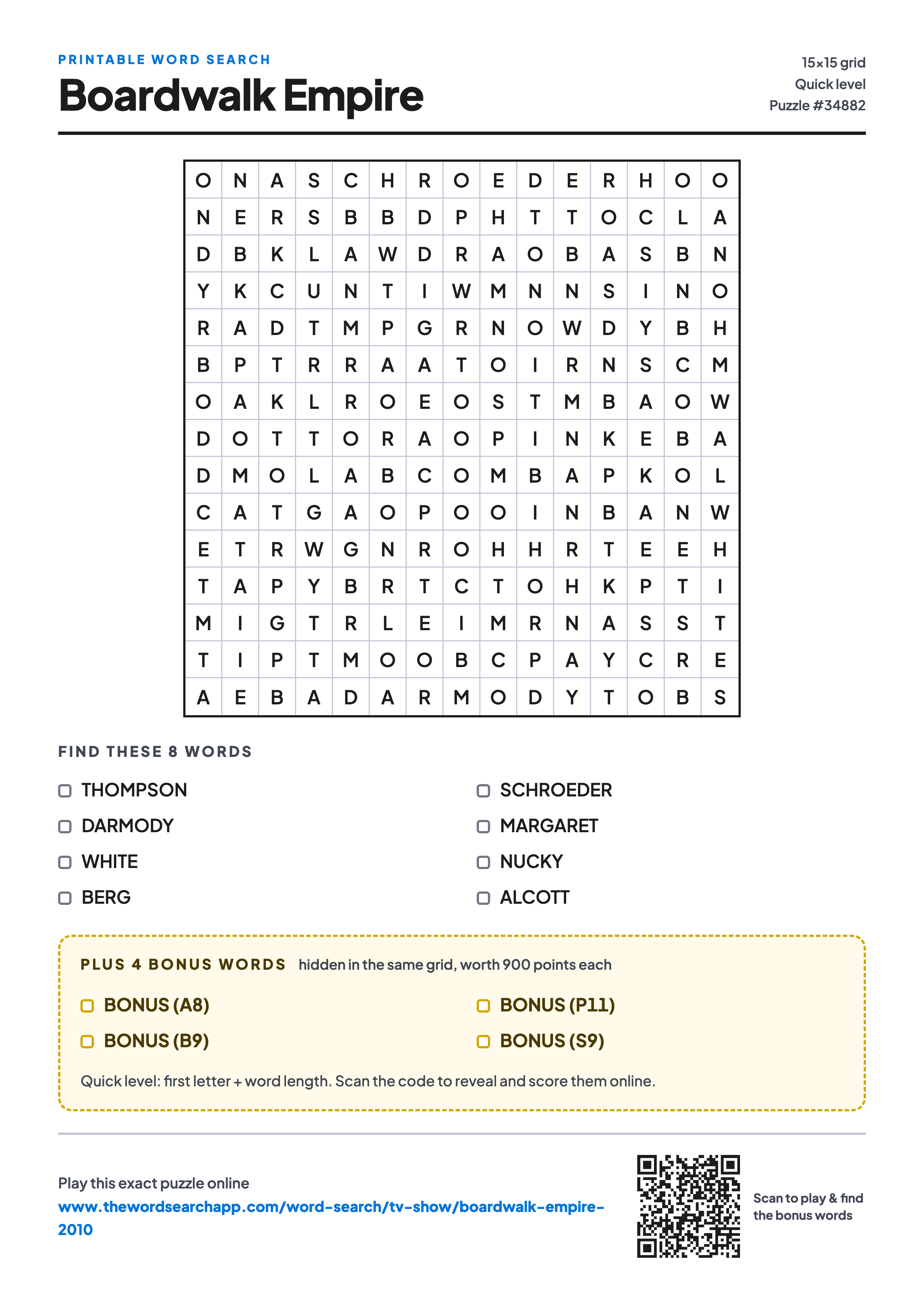 Printable Boardwalk Empire word search — 15×15 letter grid with 8 words to find including THOMPSON, DARMODY, WHITE, plus 4 hidden bonus words
