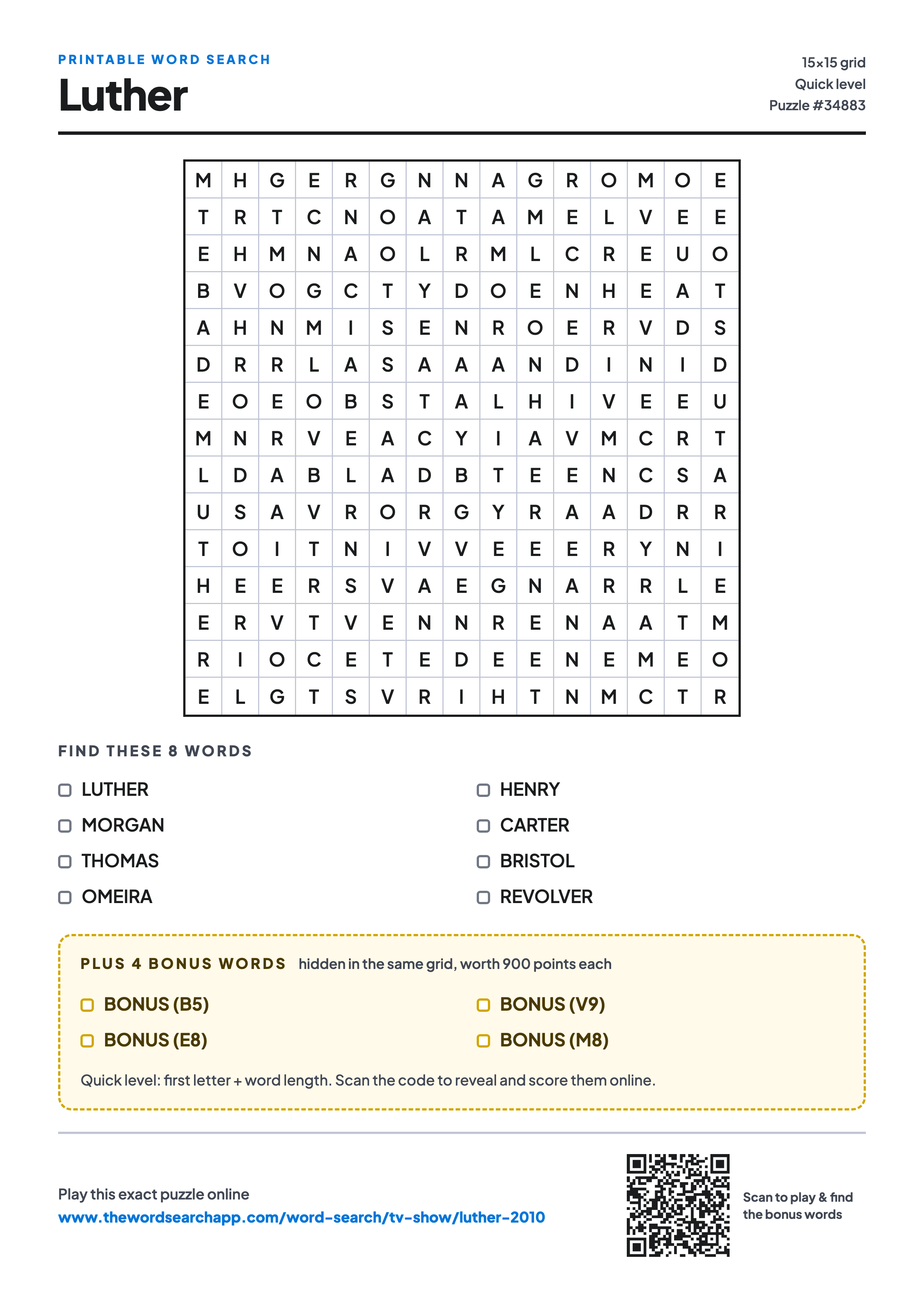 Printable Luther word search — 15×15 letter grid with 8 words to find including LUTHER, MORGAN, THOMAS, plus 4 hidden bonus words