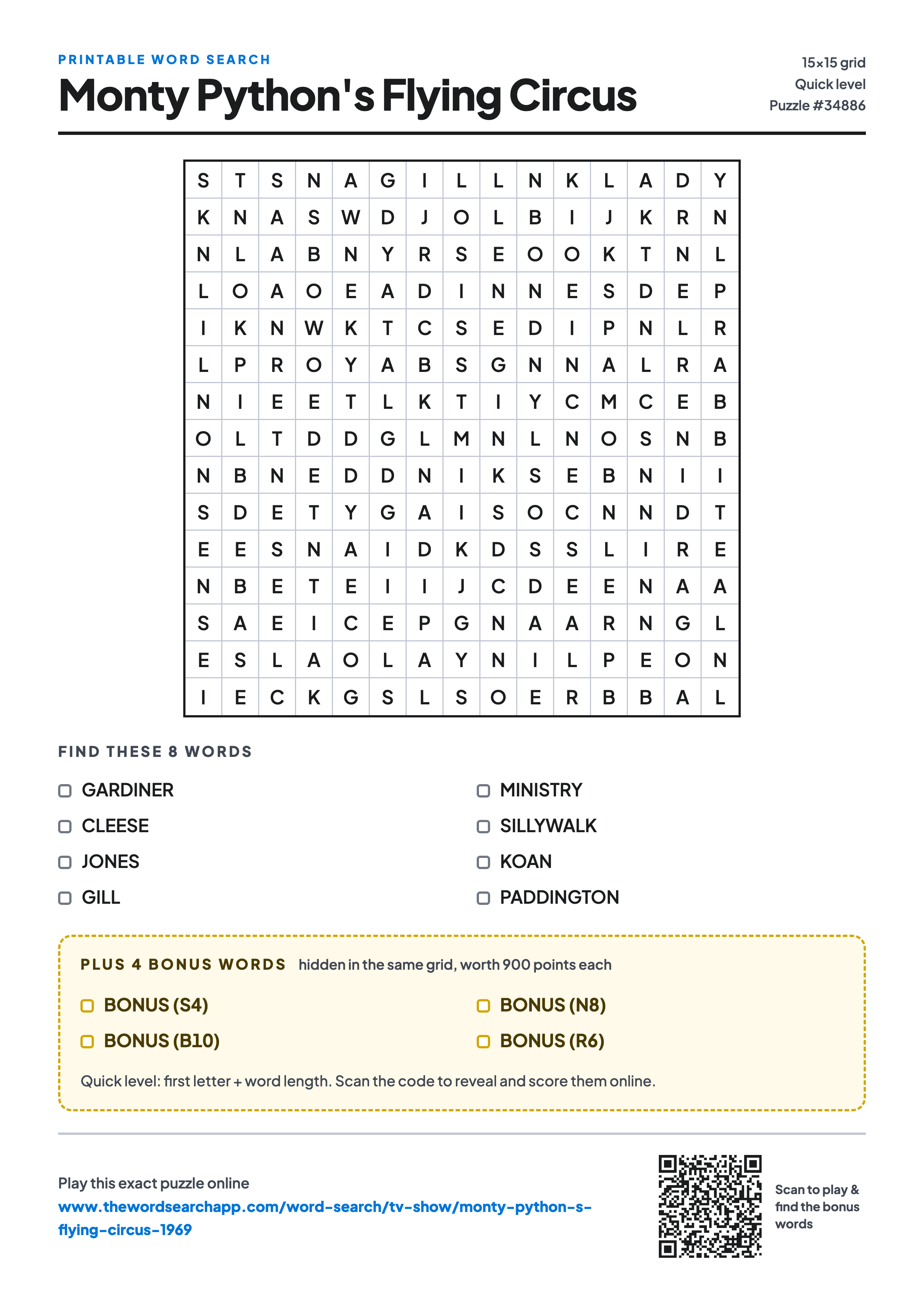 Printable Monty Python's Flying Circus word search — 15×15 letter grid with 8 words to find including GARDINER, CLEESE, JONES, plus 4 hidden bonus words