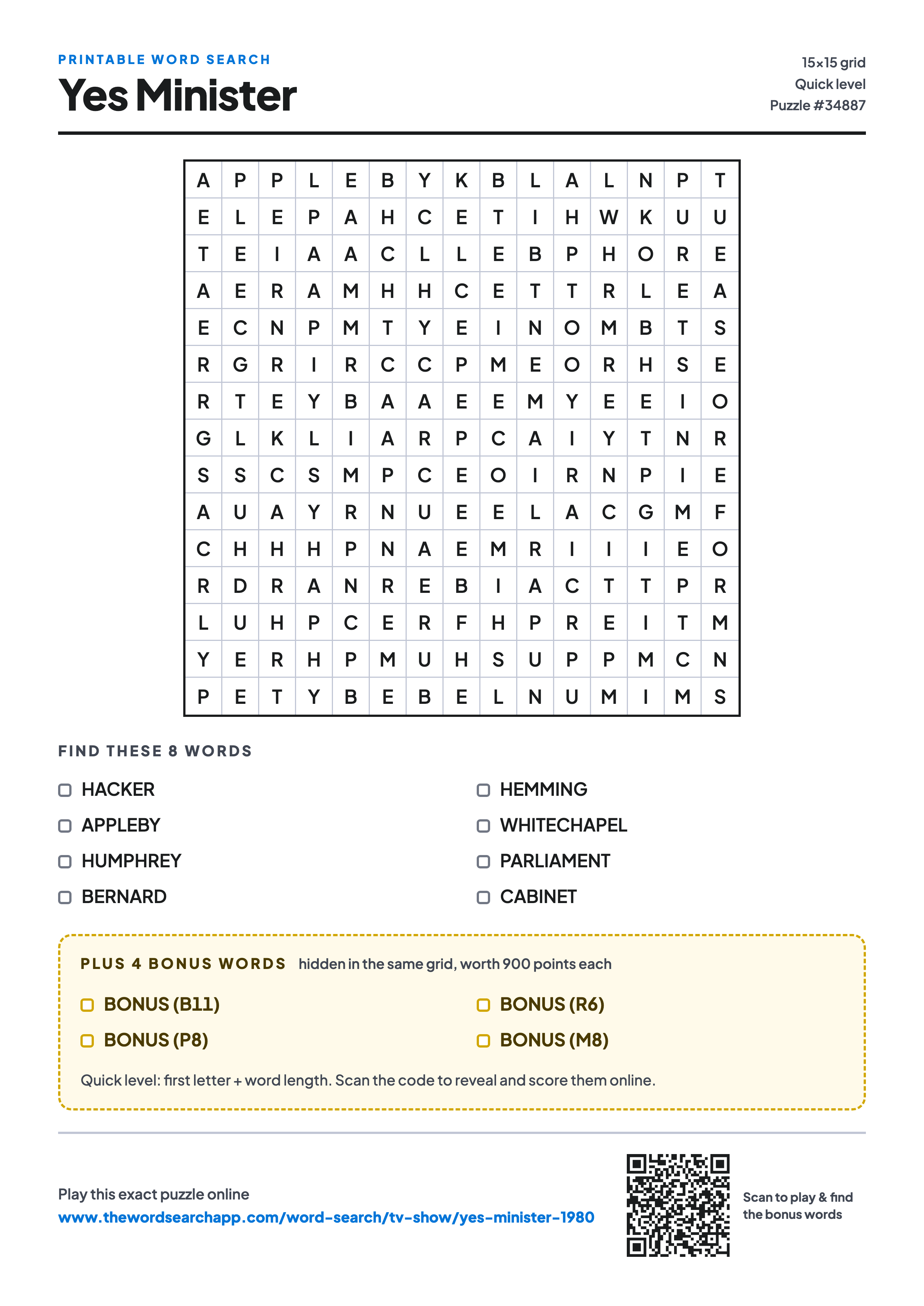 Printable Yes Minister word search — 15×15 letter grid with 8 words to find including HACKER, APPLEBY, HUMPHREY, plus 4 hidden bonus words