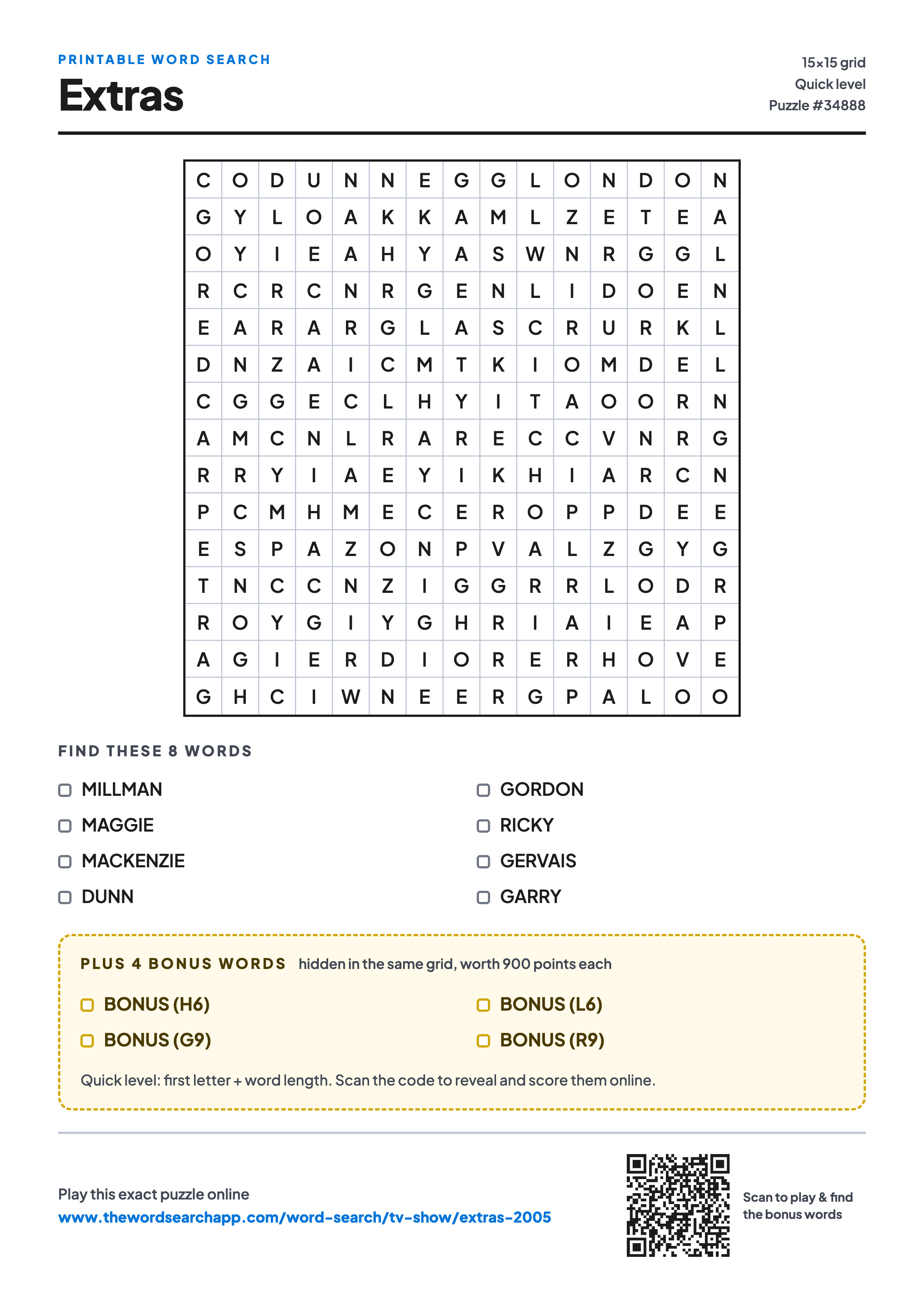 Printable Extras word search — 15×15 letter grid with 8 words to find including MILLMAN, MAGGIE, MACKENZIE, plus 4 hidden bonus words