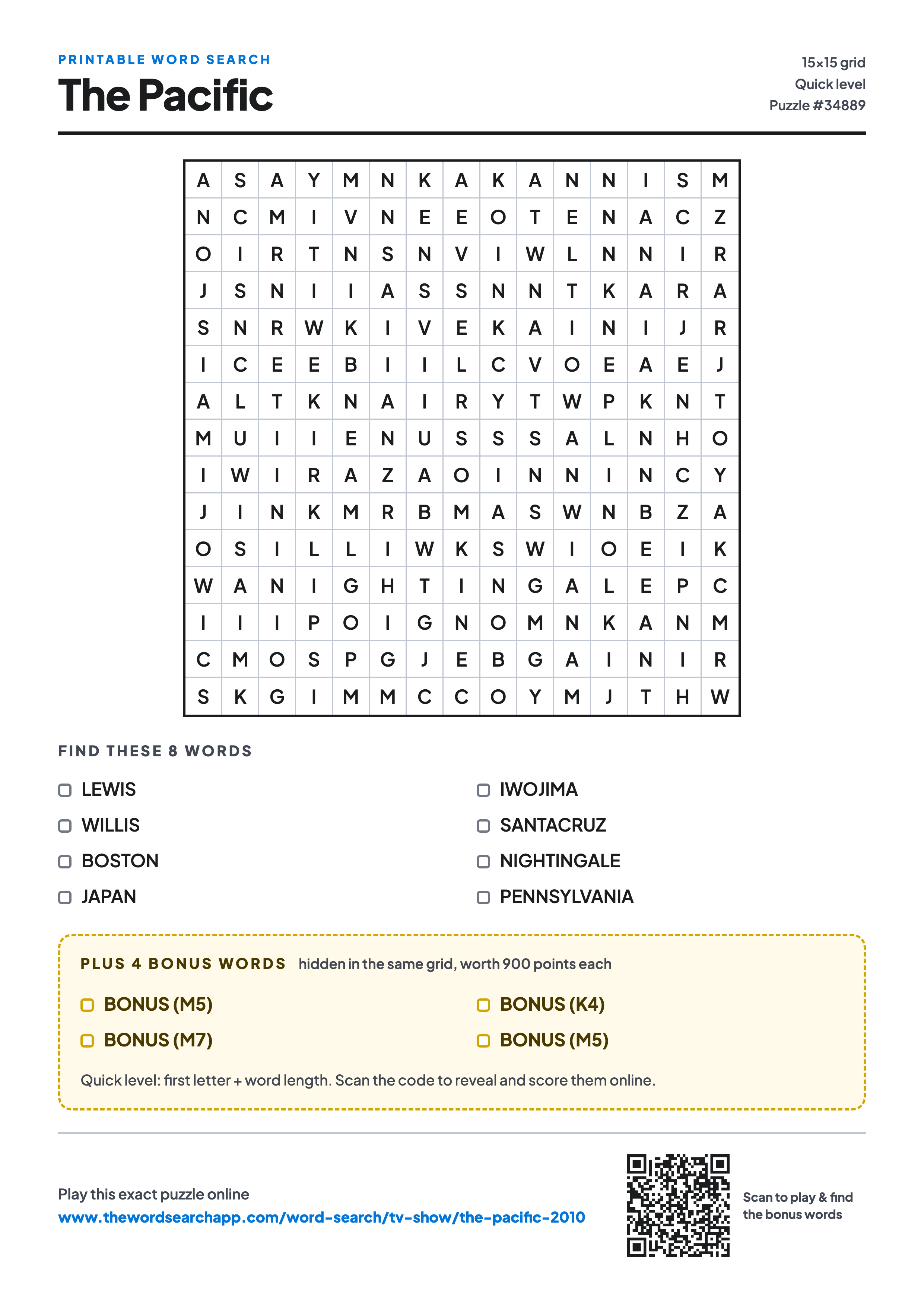 Printable The Pacific word search — 15×15 letter grid with 8 words to find including LEWIS, WILLIS, BOSTON, plus 4 hidden bonus words