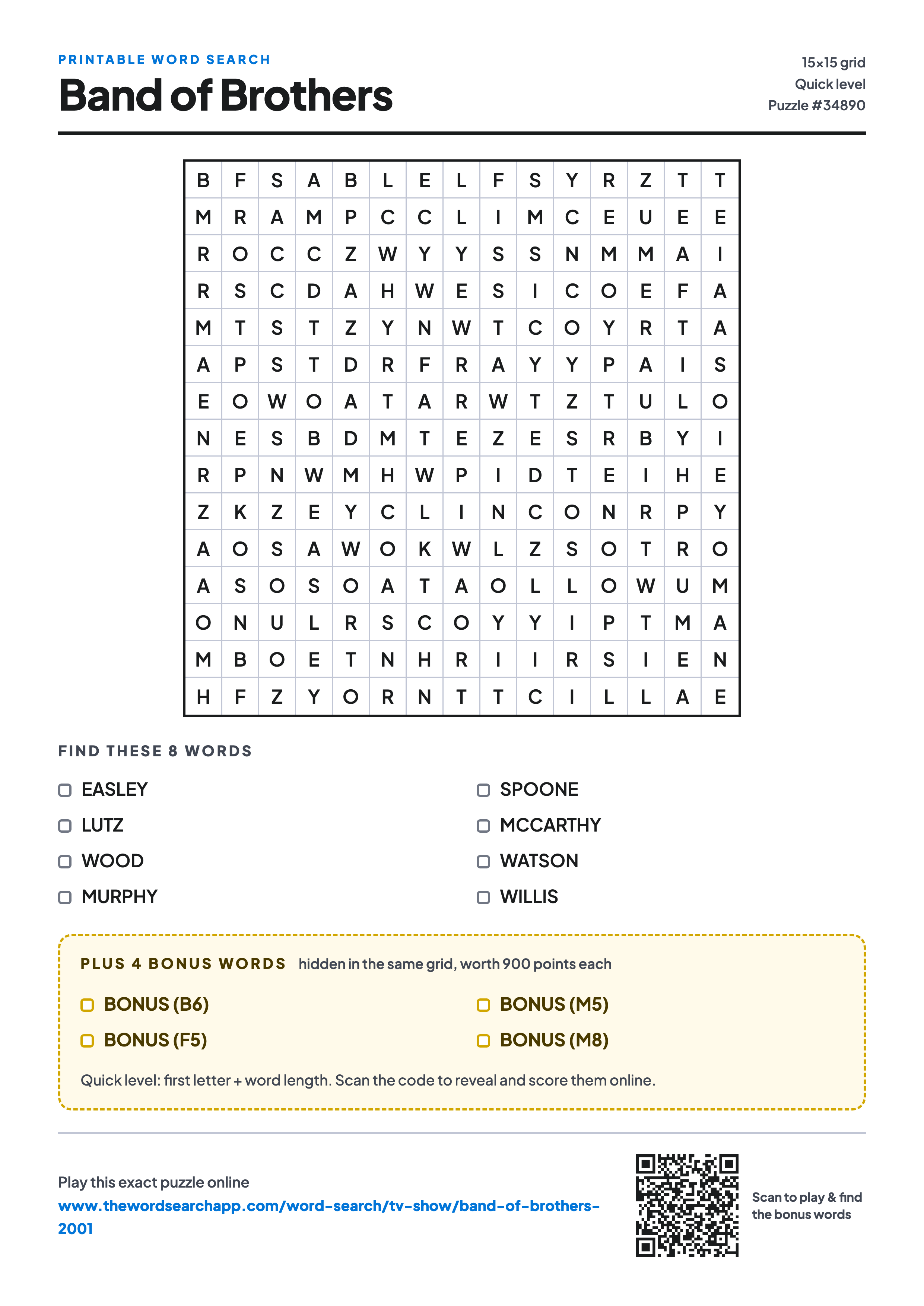 Printable Band of Brothers word search — 15×15 letter grid with 8 words to find including EASLEY, LUTZ, WOOD, plus 4 hidden bonus words