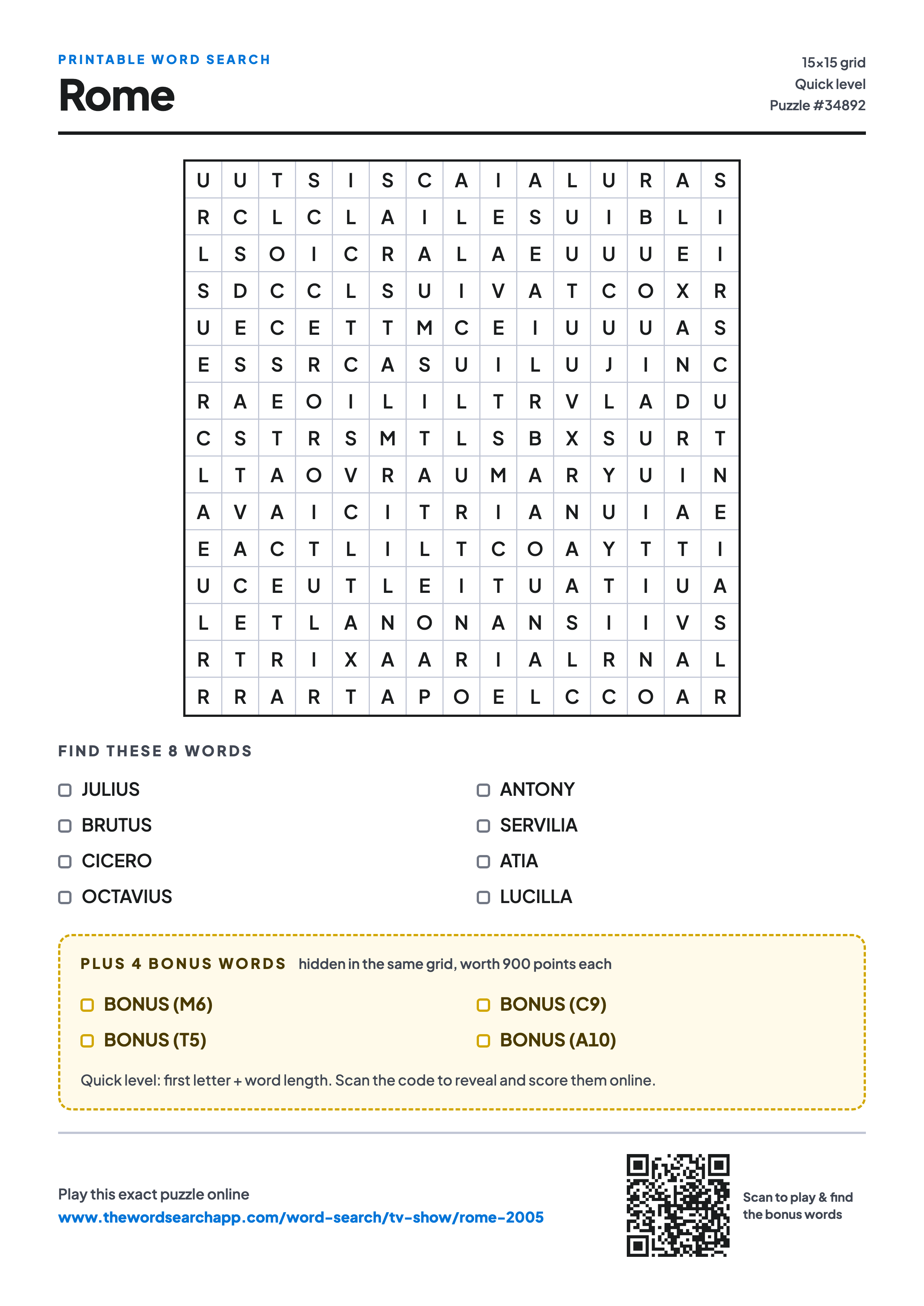 Printable Rome word search — 15×15 letter grid with 8 words to find including JULIUS, BRUTUS, CICERO, plus 4 hidden bonus words