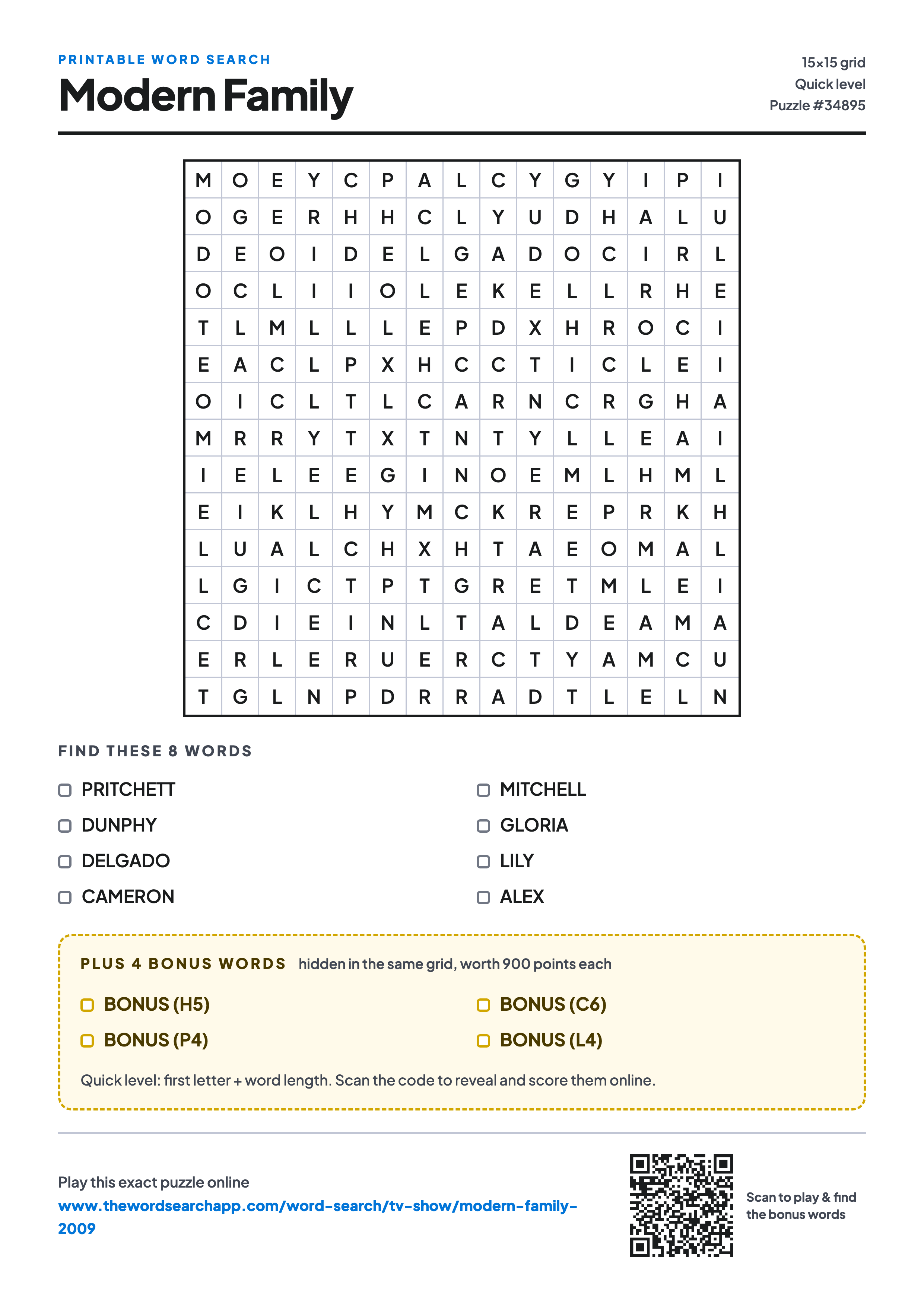 Printable Modern Family word search — 15×15 letter grid with 8 words to find including PRITCHETT, DUNPHY, DELGADO, plus 4 hidden bonus words