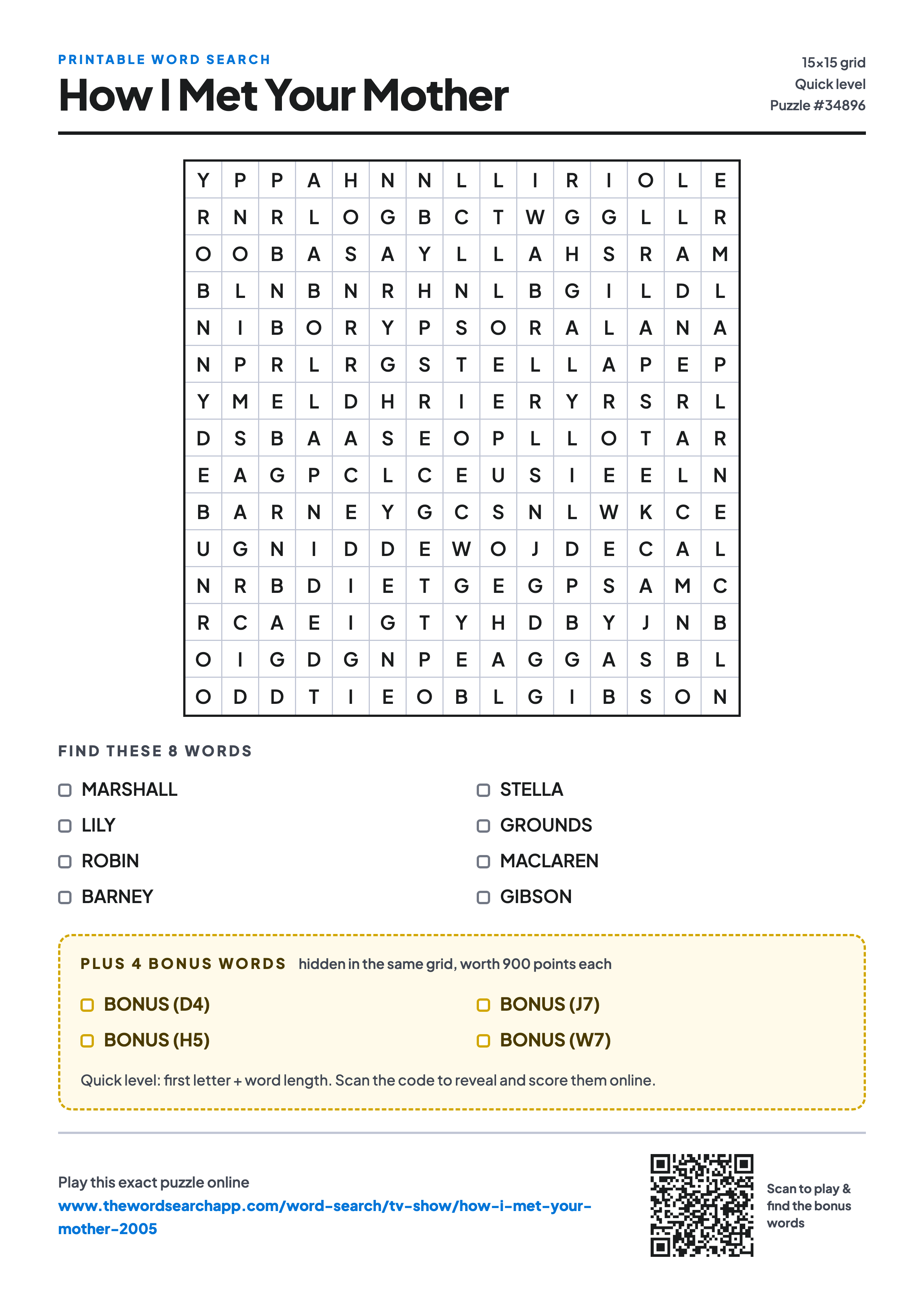 Printable How I Met Your Mother word search — 15×15 letter grid with 8 words to find including MARSHALL, LILY, ROBIN, plus 4 hidden bonus words