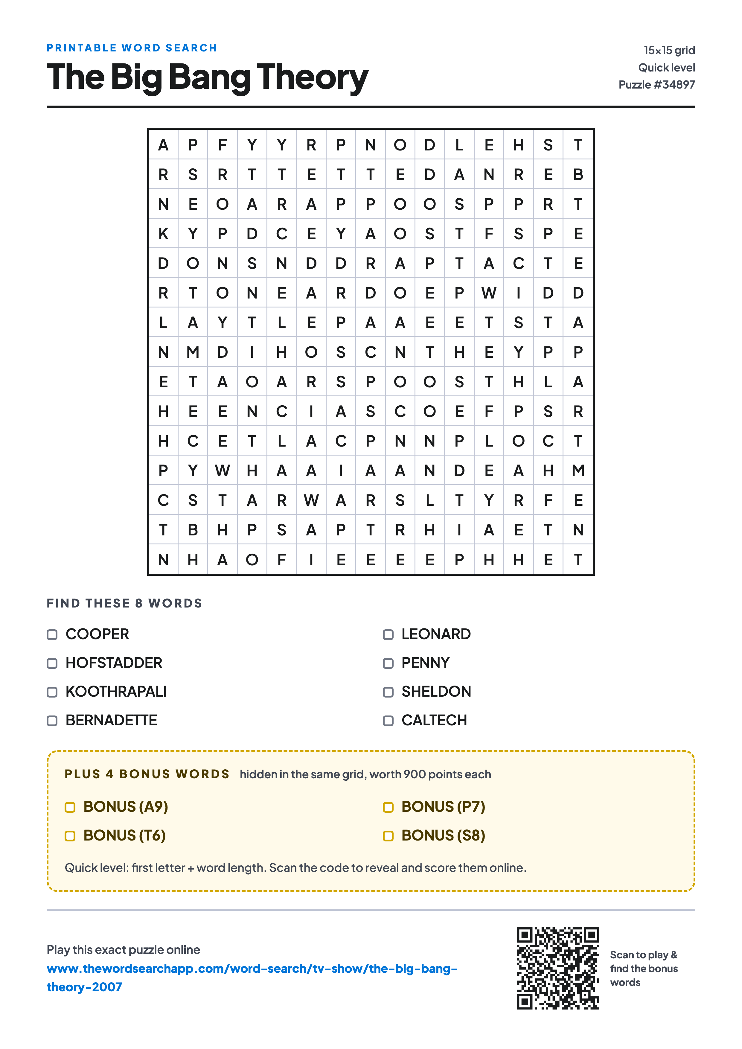 Printable The Big Bang Theory word search — 15×15 letter grid with 8 words to find including COOPER, HOFSTADDER, KOOTHRAPALI, plus 4 hidden bonus words