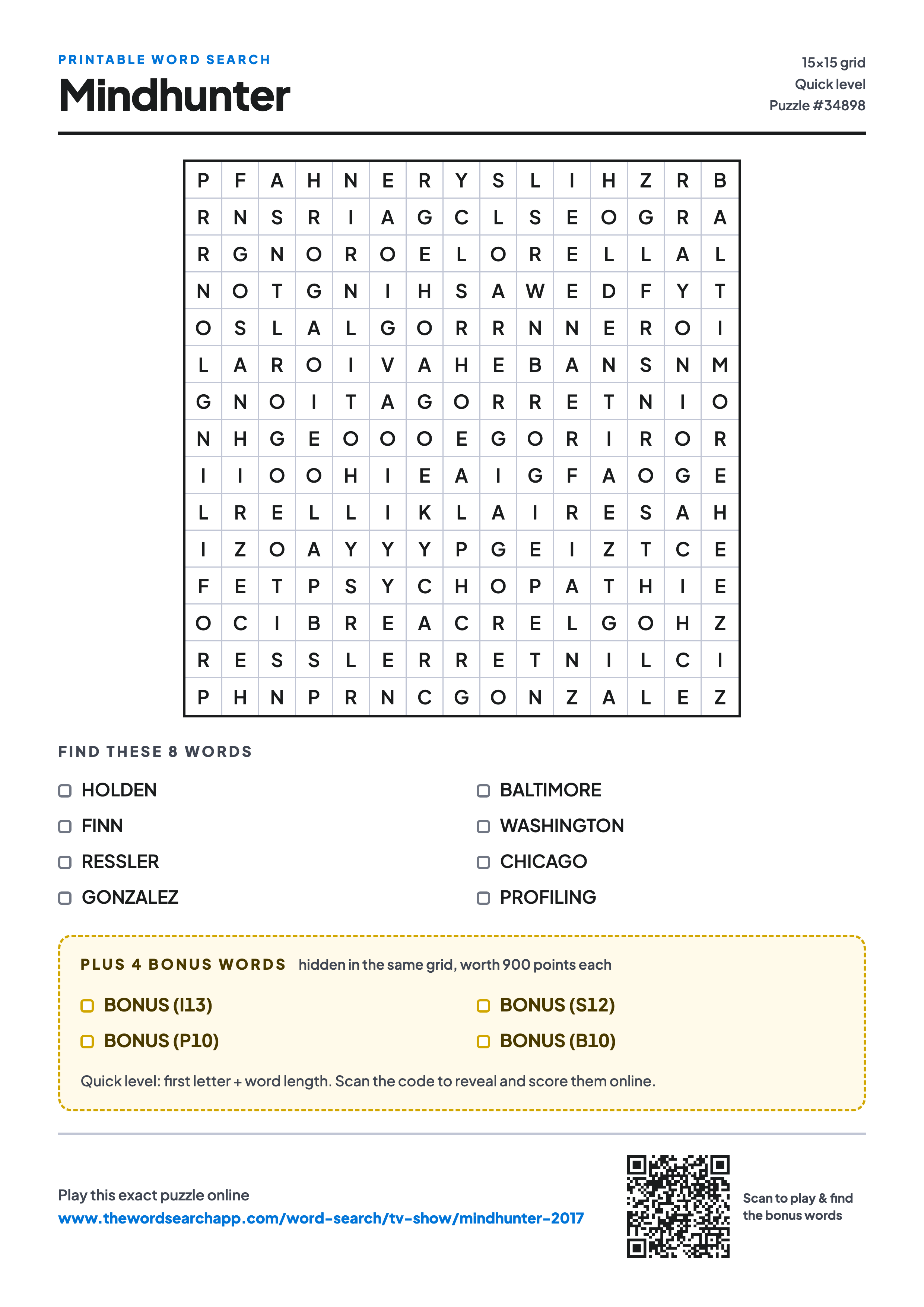 Printable Mindhunter word search — 15×15 letter grid with 8 words to find including HOLDEN, FINN, RESSLER, plus 4 hidden bonus words
