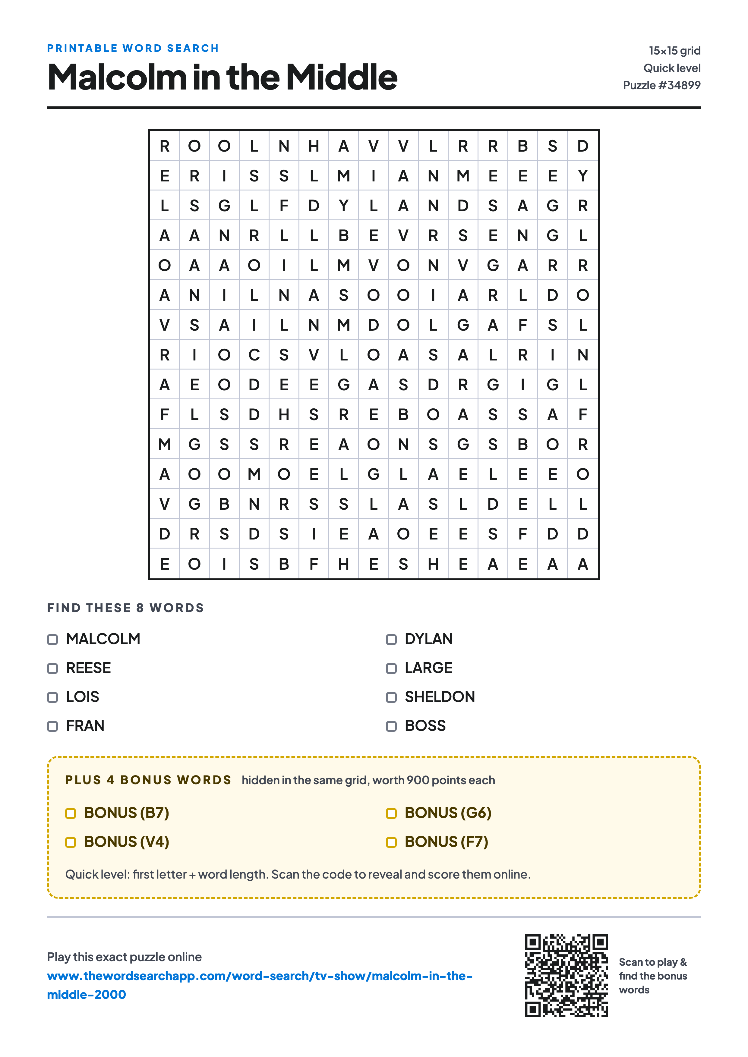 Printable Malcolm in the Middle word search — 15×15 letter grid with 8 words to find including MALCOLM, REESE, LOIS, plus 4 hidden bonus words