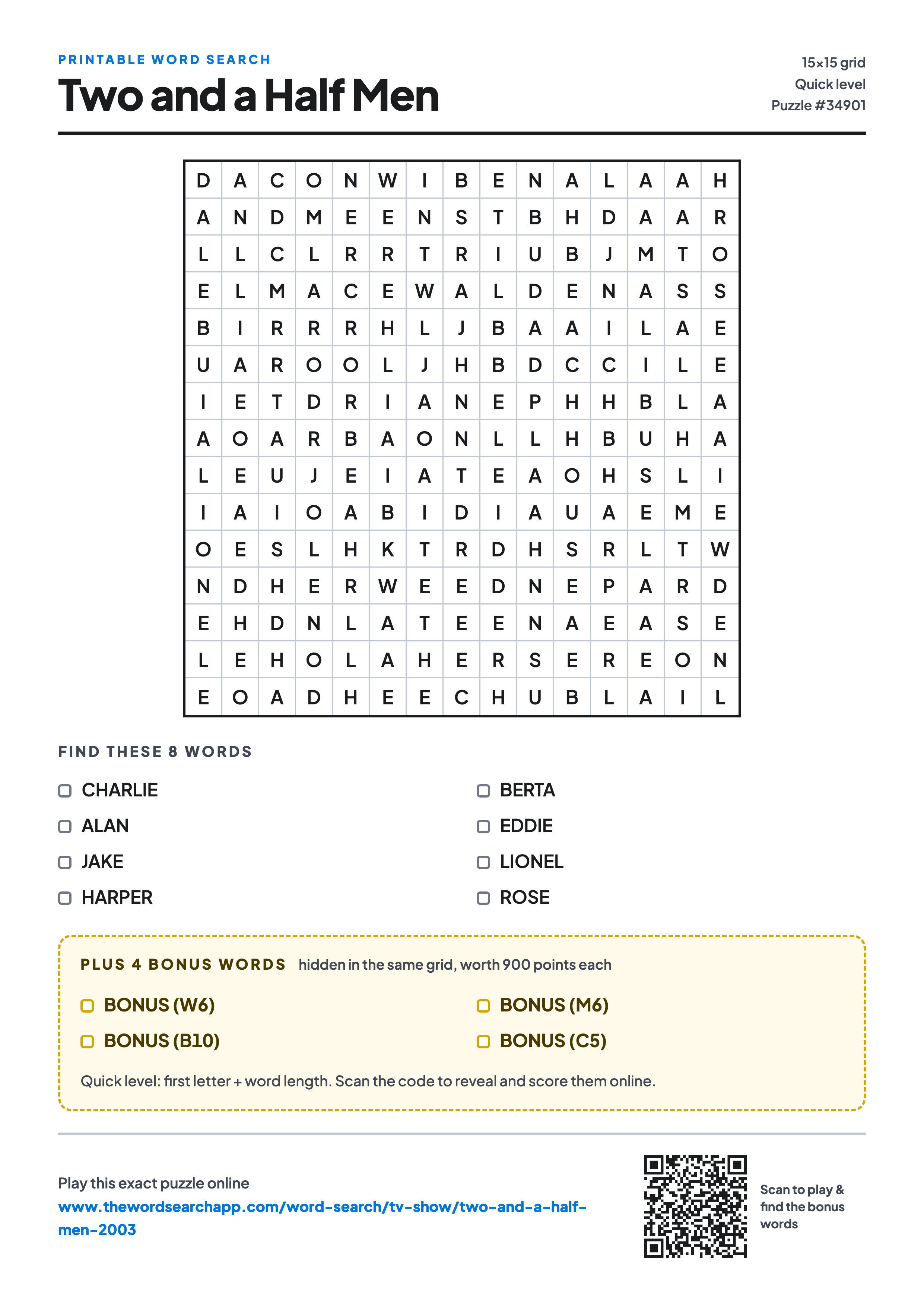 Printable Two and a Half Men word search — 15×15 letter grid with 8 words to find including CHARLIE, ALAN, JAKE, plus 4 hidden bonus words