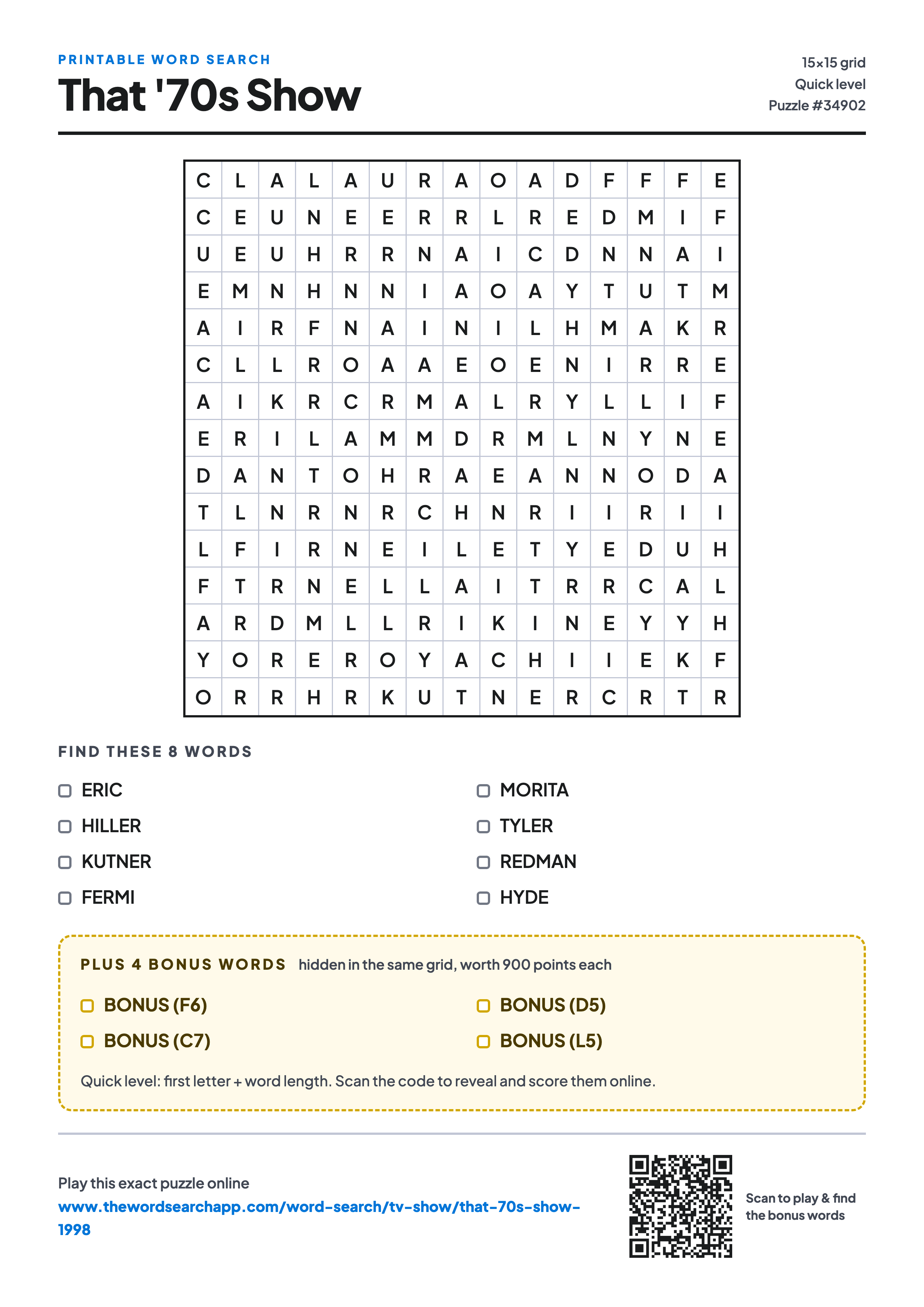 Printable That '70s Show word search — 15×15 letter grid with 8 words to find including ERIC, HILLER, KUTNER, plus 4 hidden bonus words