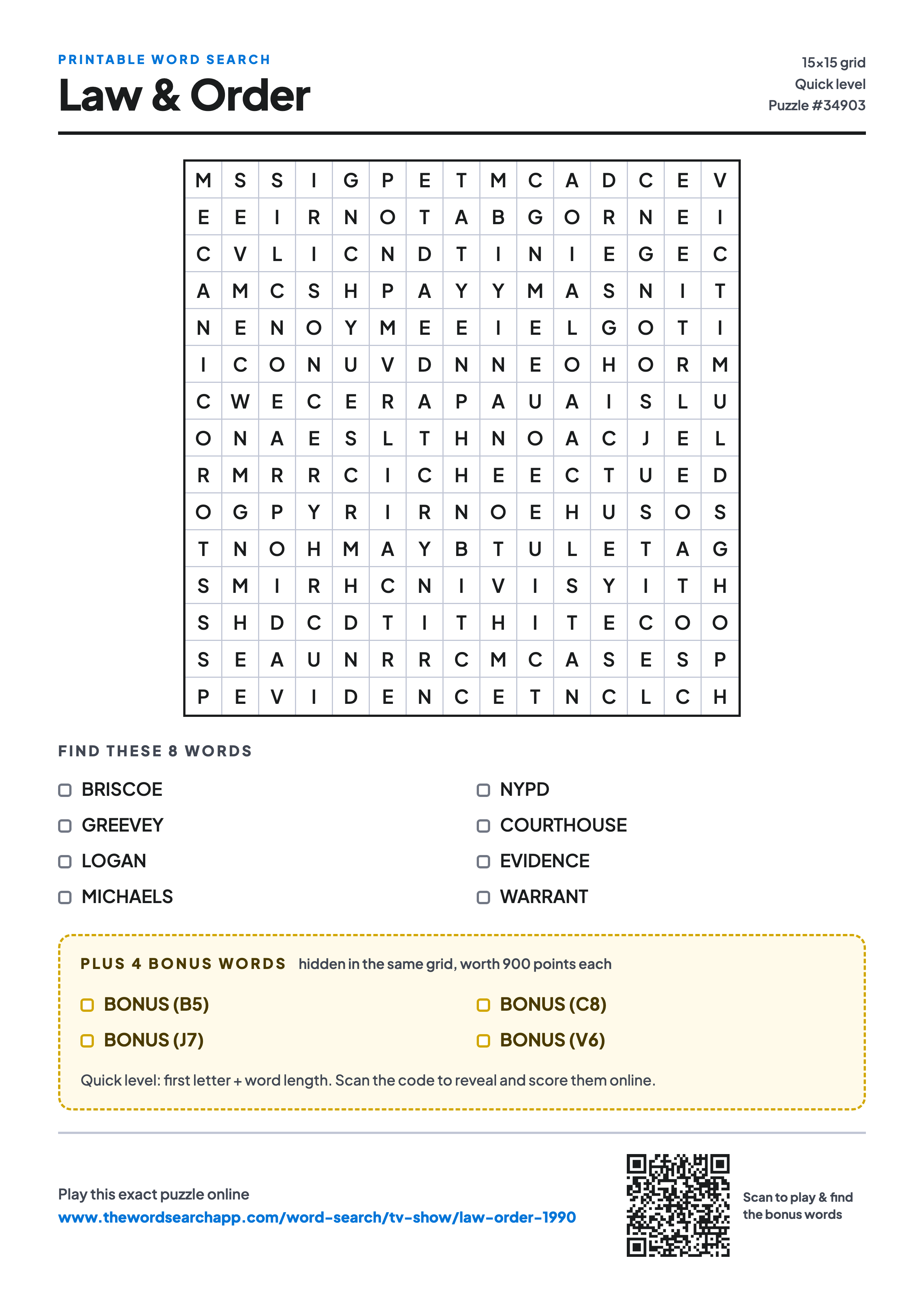 Printable Law & Order word search — 15×15 letter grid with 8 words to find including BRISCOE, GREEVEY, LOGAN, plus 4 hidden bonus words