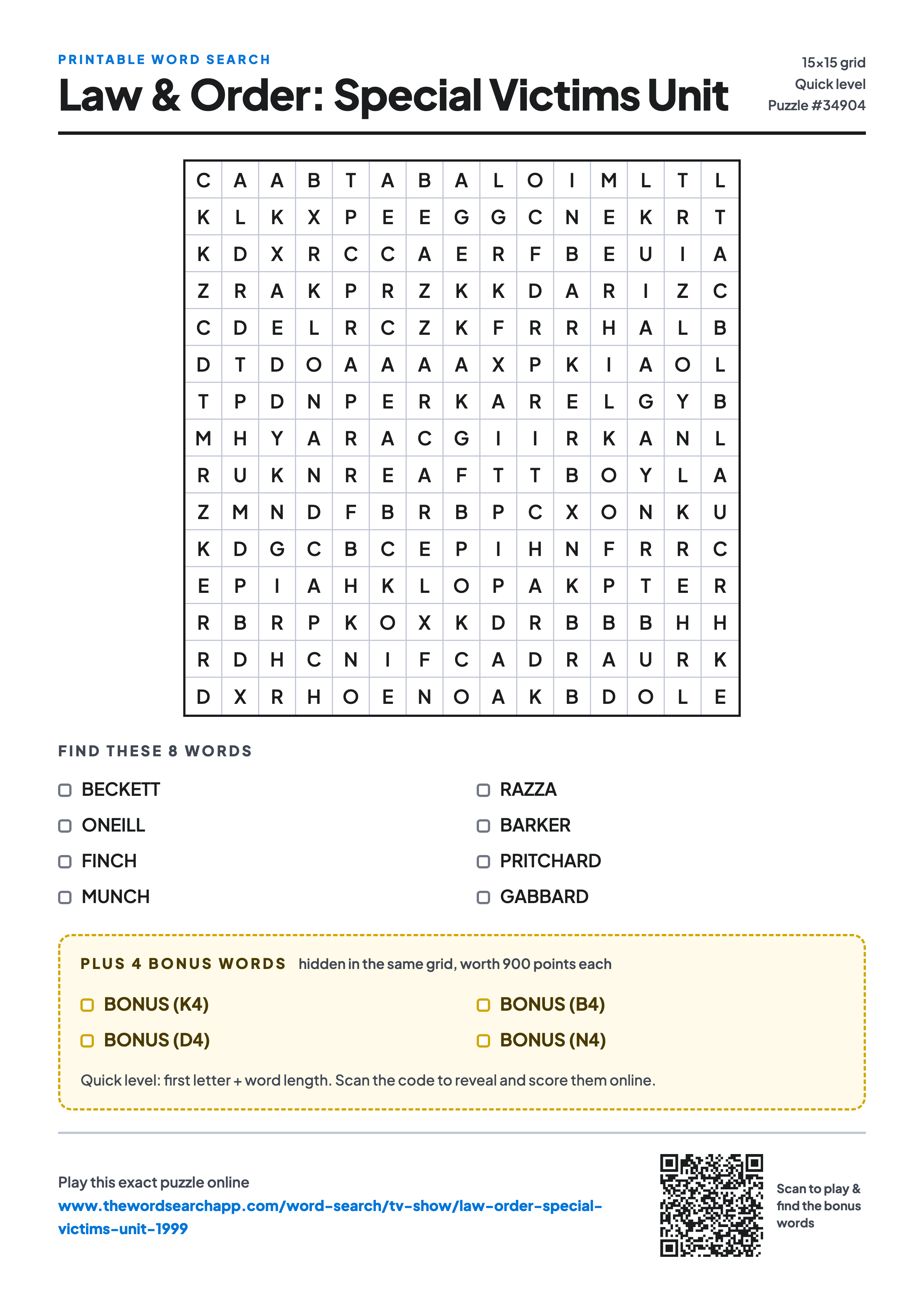 Printable Law & Order: Special Victims Unit word search — 15×15 letter grid with 8 words to find including BECKETT, ONEILL, FINCH, plus 4 hidden bonus words