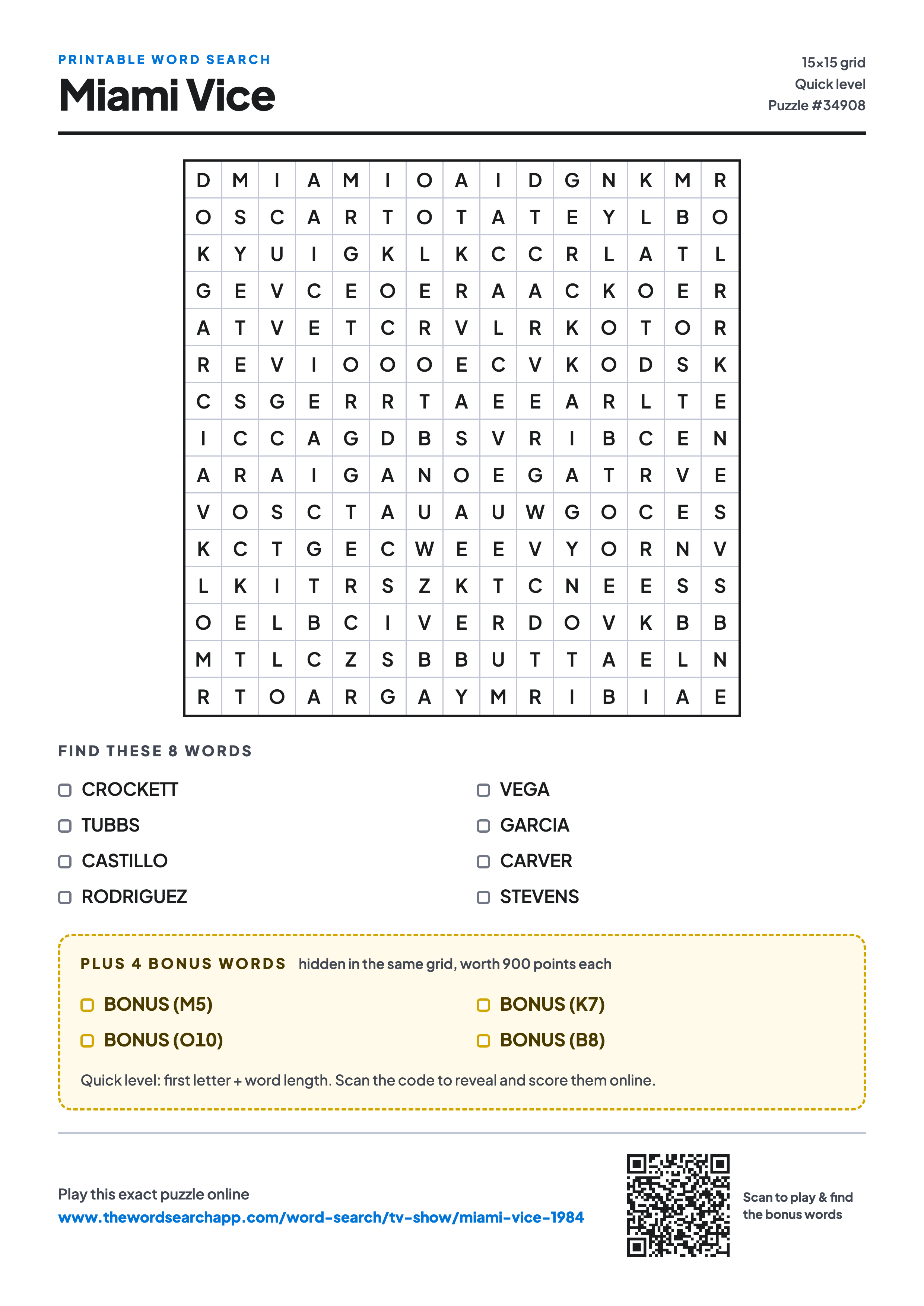 Printable Miami Vice word search — 15×15 letter grid with 8 words to find including CROCKETT, TUBBS, CASTILLO, plus 4 hidden bonus words