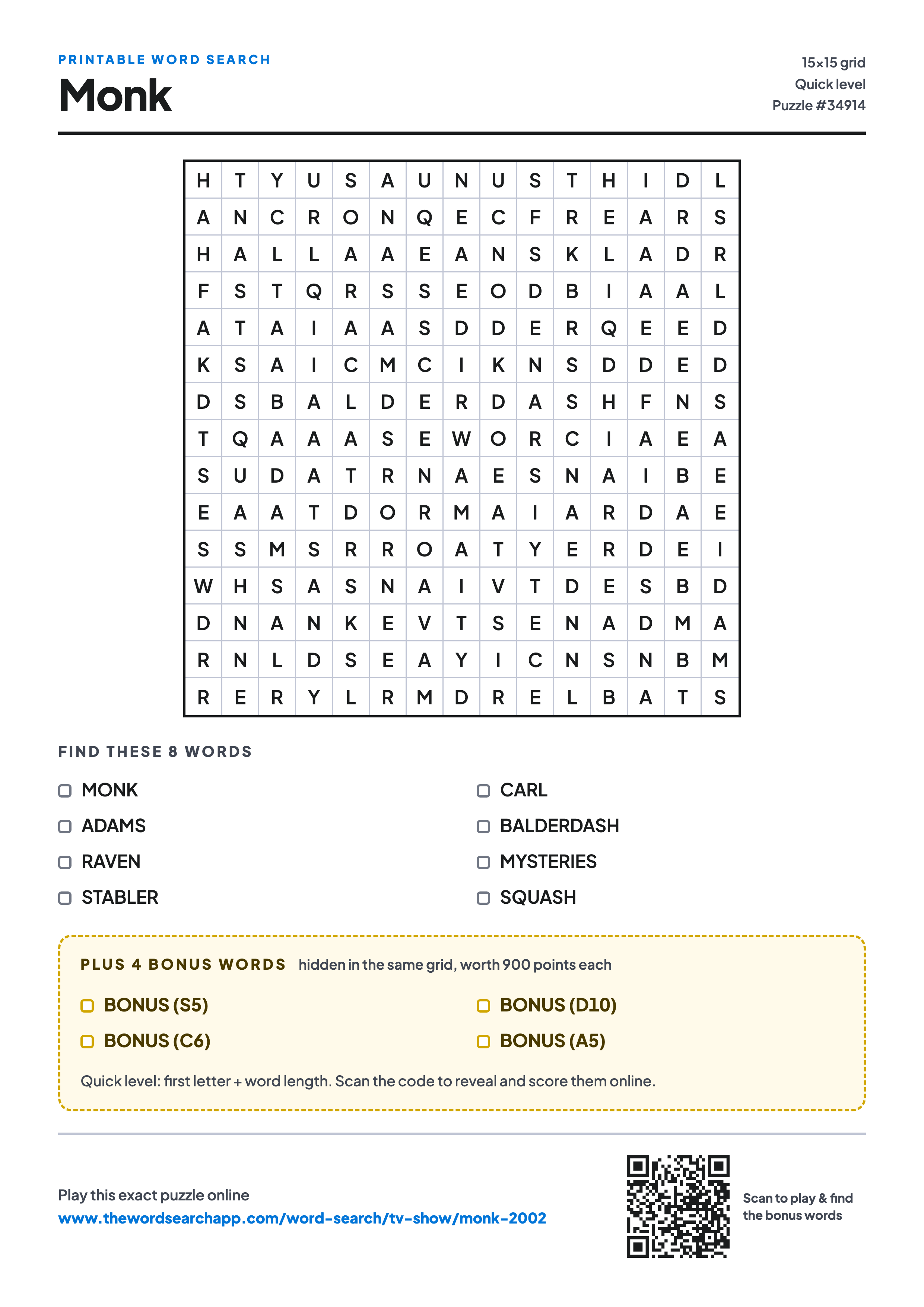 Printable Monk word search — 15×15 letter grid with 8 words to find including MONK, ADAMS, RAVEN, plus 4 hidden bonus words