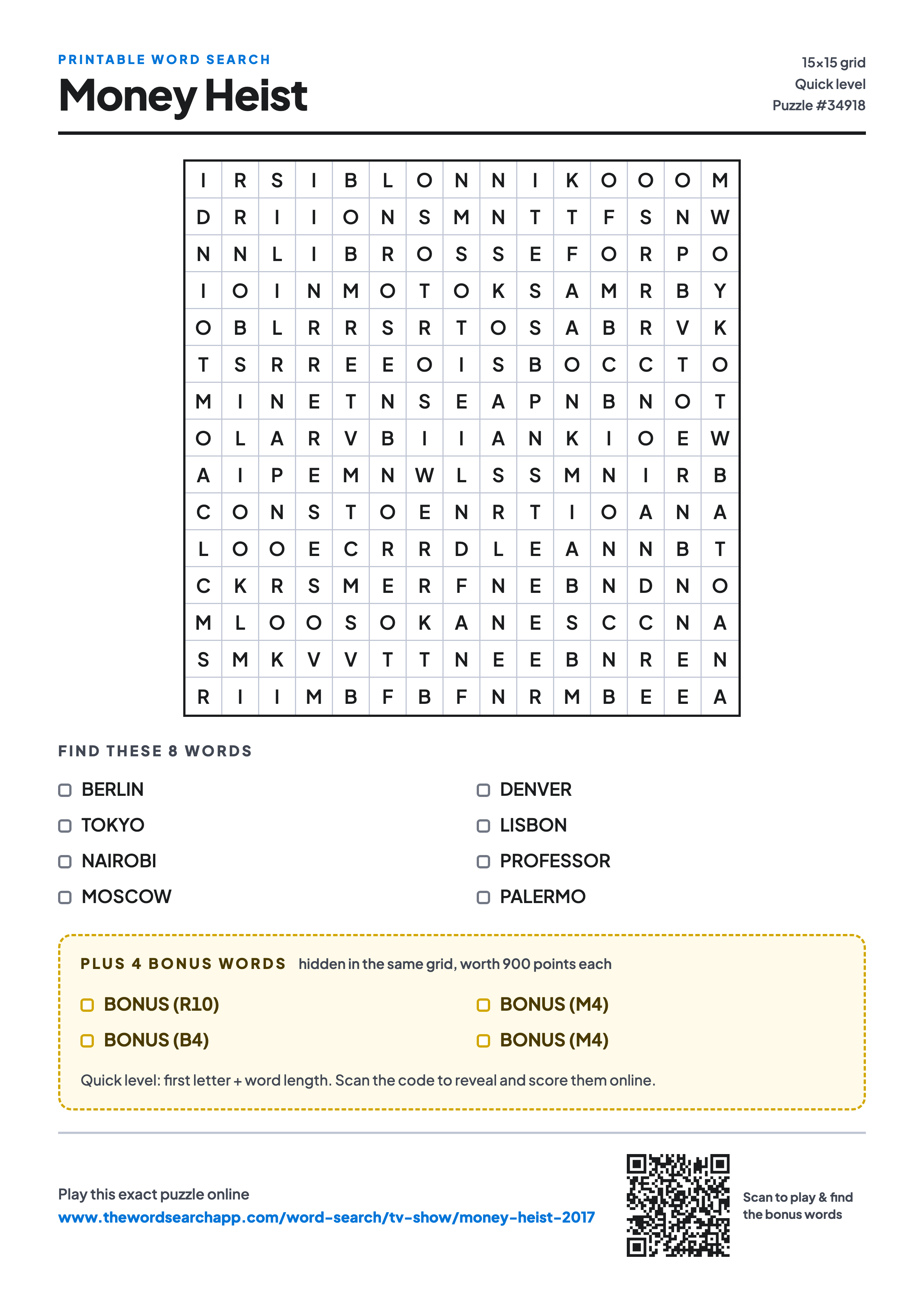 Printable Money Heist word search — 15×15 letter grid with 8 words to find including BERLIN, TOKYO, NAIROBI, plus 4 hidden bonus words