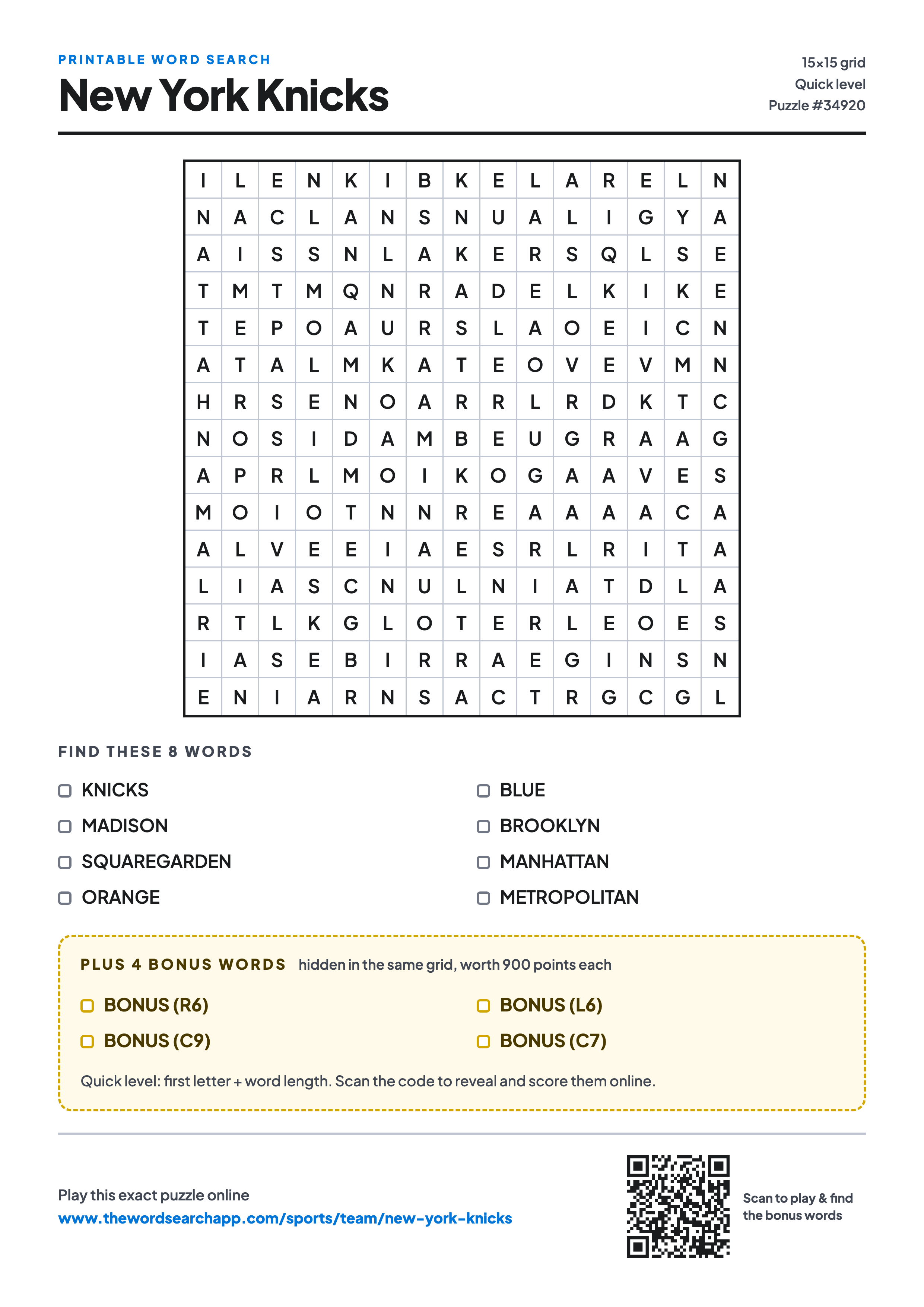 Printable New York Knicks word search — 15×15 letter grid with 8 words to find including KNICKS, MADISON, SQUAREGARDEN, plus 4 hidden bonus words