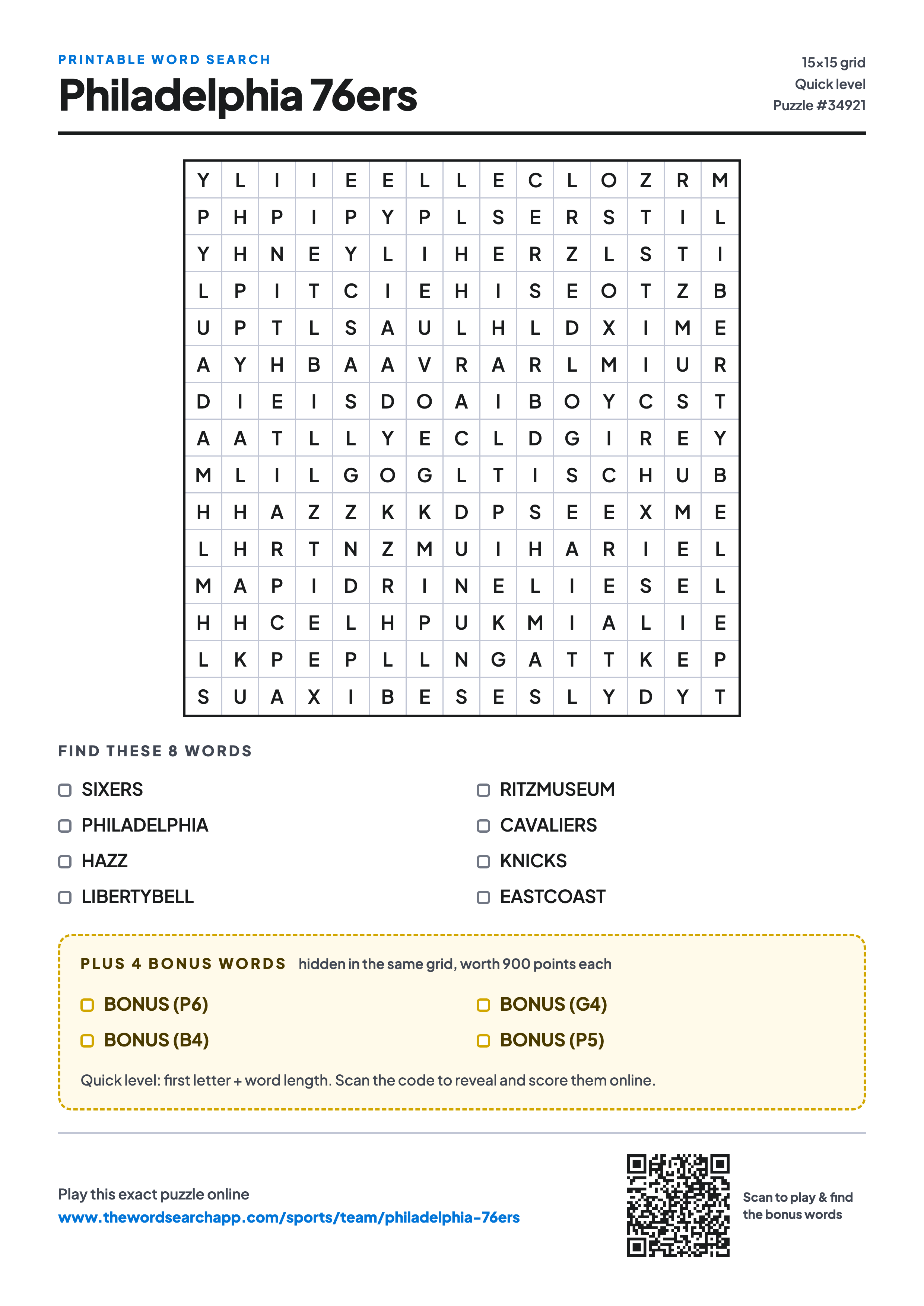 Printable Philadelphia 76ers word search — 15×15 letter grid with 8 words to find including SIXERS, PHILADELPHIA, HAZZ, plus 4 hidden bonus words