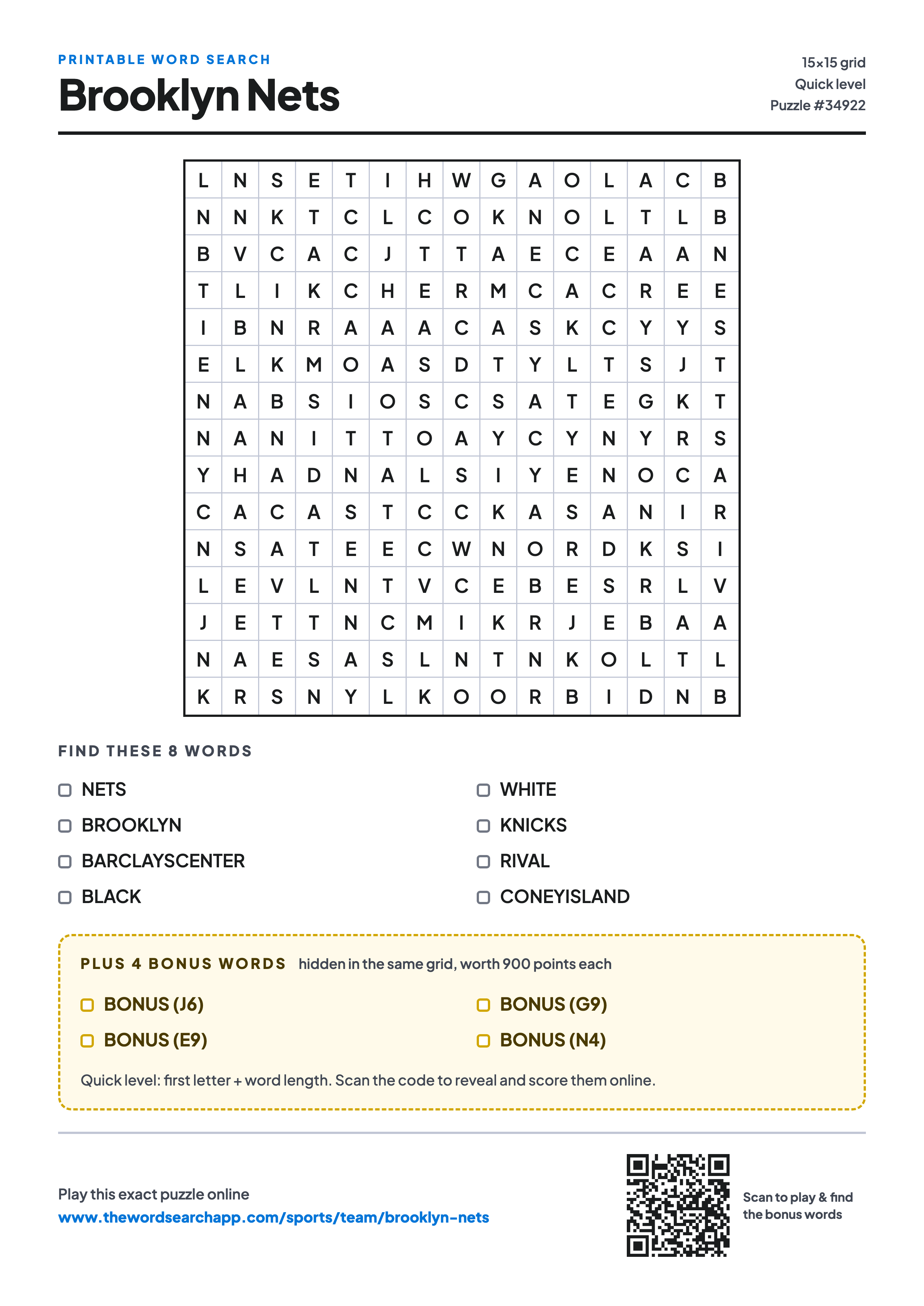 Printable Brooklyn Nets word search — 15×15 letter grid with 8 words to find including NETS, BROOKLYN, BARCLAYSCENTER, plus 4 hidden bonus words
