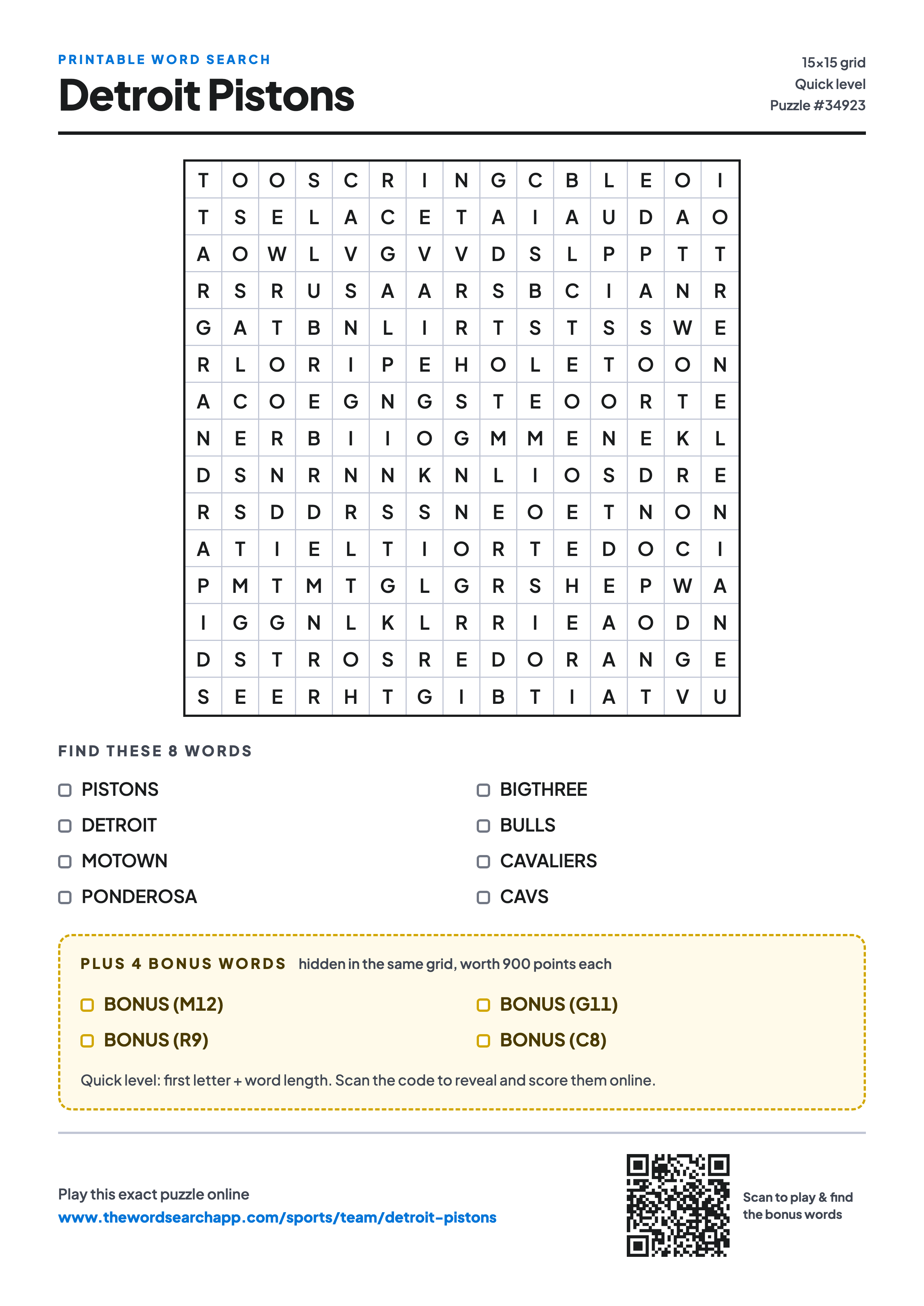Printable Detroit Pistons word search — 15×15 letter grid with 8 words to find including PISTONS, DETROIT, MOTOWN, plus 4 hidden bonus words