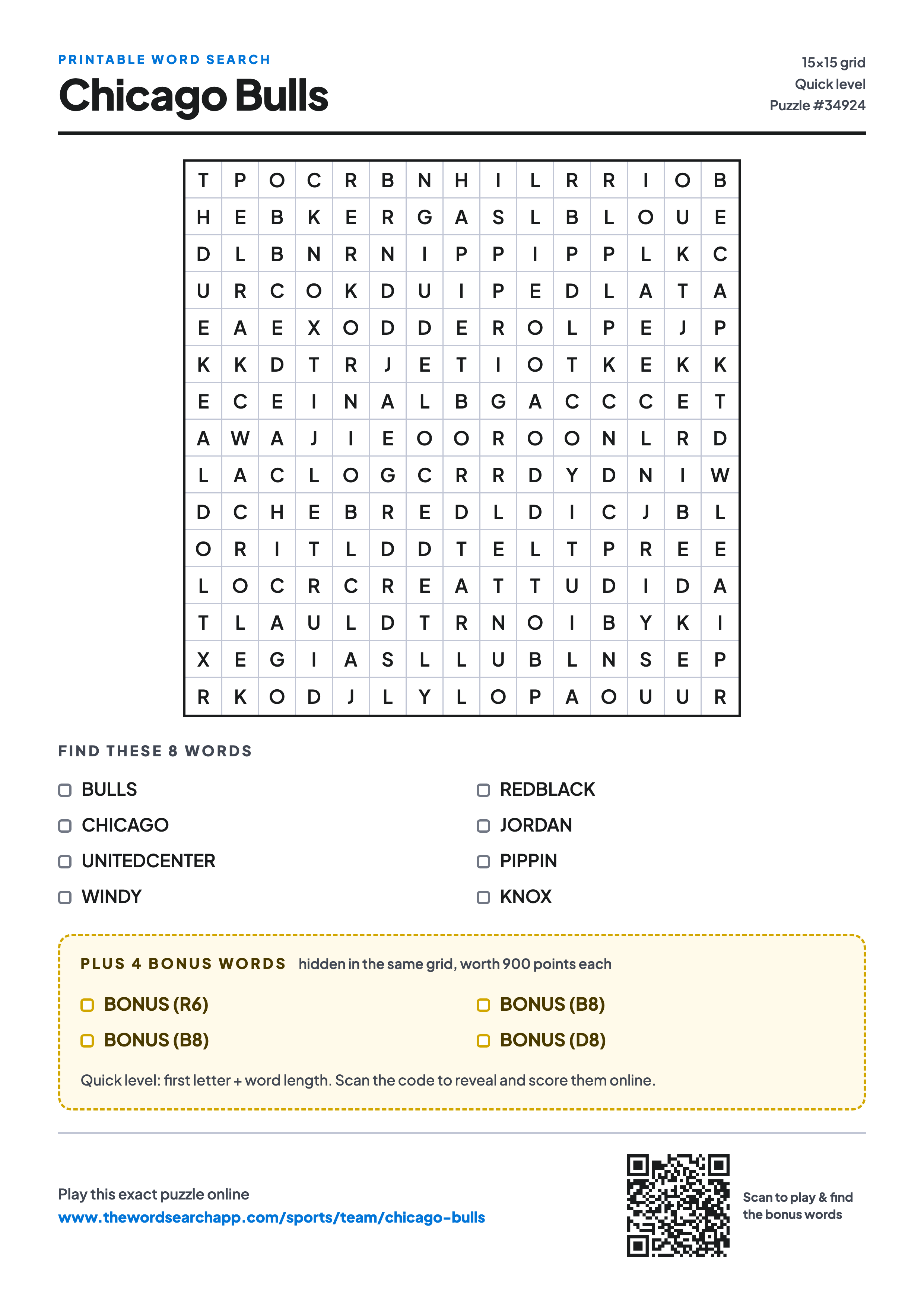 Printable Chicago Bulls word search — 15×15 letter grid with 8 words to find including BULLS, CHICAGO, UNITEDCENTER, plus 4 hidden bonus words