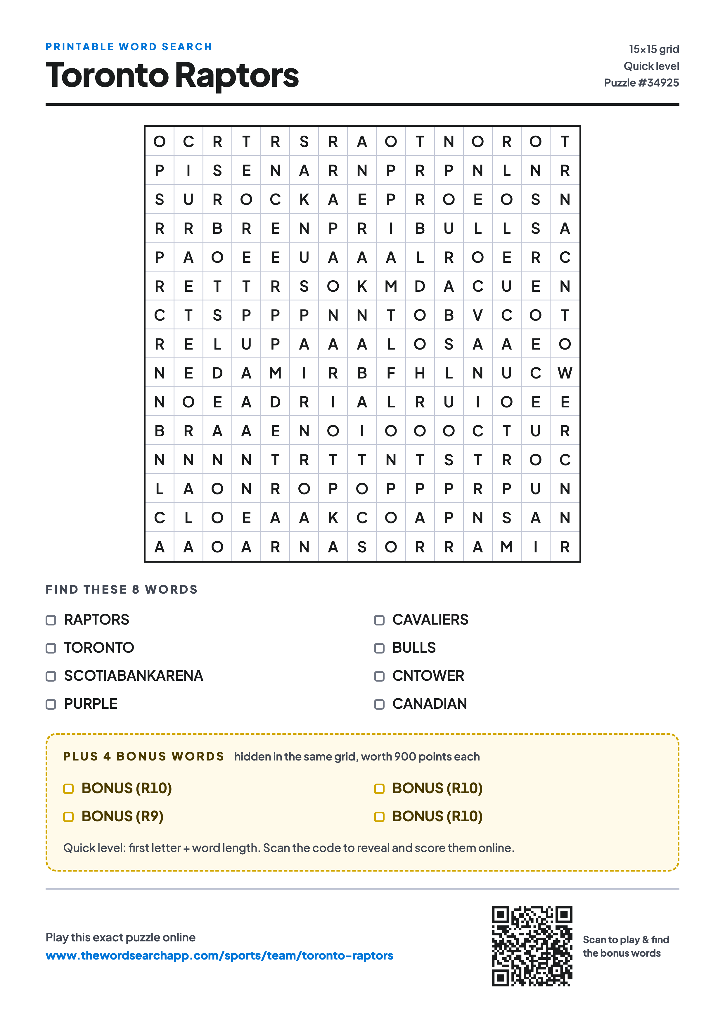 Printable Toronto Raptors word search — 15×15 letter grid with 8 words to find including RAPTORS, TORONTO, SCOTIABANKARENA, plus 4 hidden bonus words