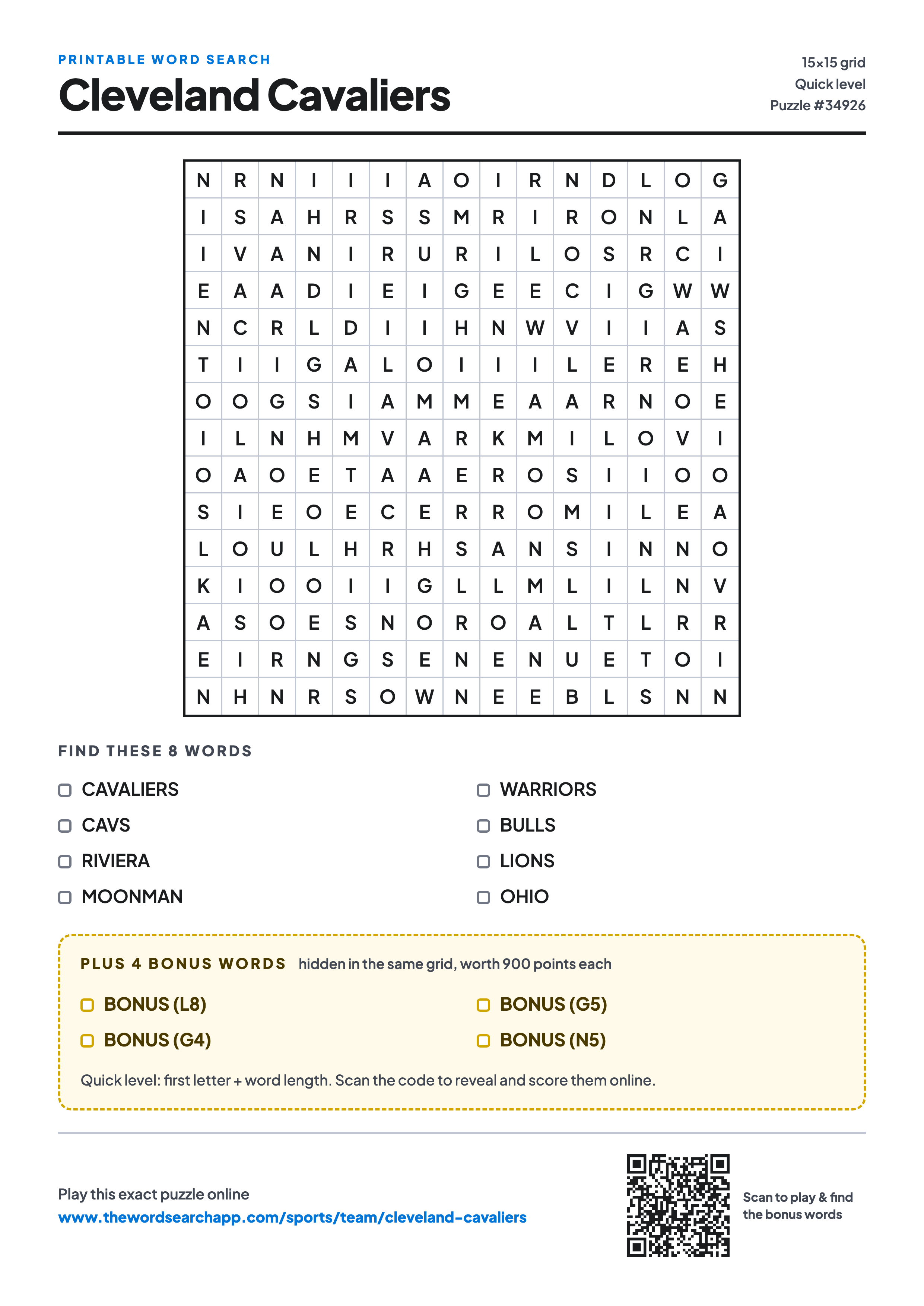 Printable Cleveland Cavaliers word search — 15×15 letter grid with 8 words to find including CAVALIERS, CAVS, RIVIERA, plus 4 hidden bonus words