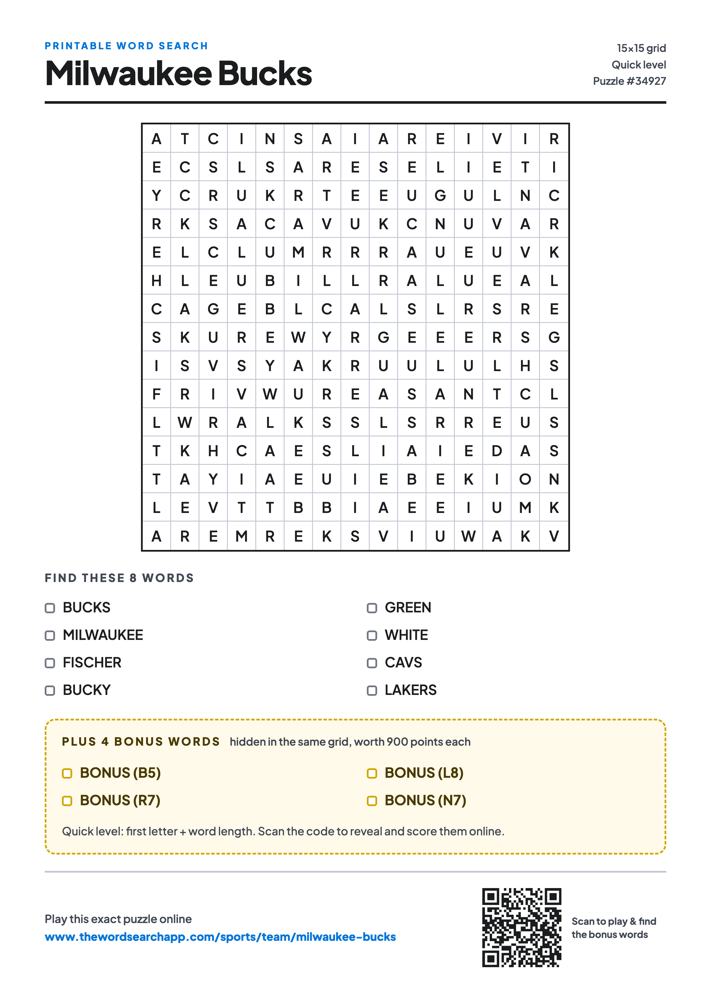 Printable Milwaukee Bucks word search — 15×15 letter grid with 8 words to find including BUCKS, MILWAUKEE, FISCHER, plus 4 hidden bonus words