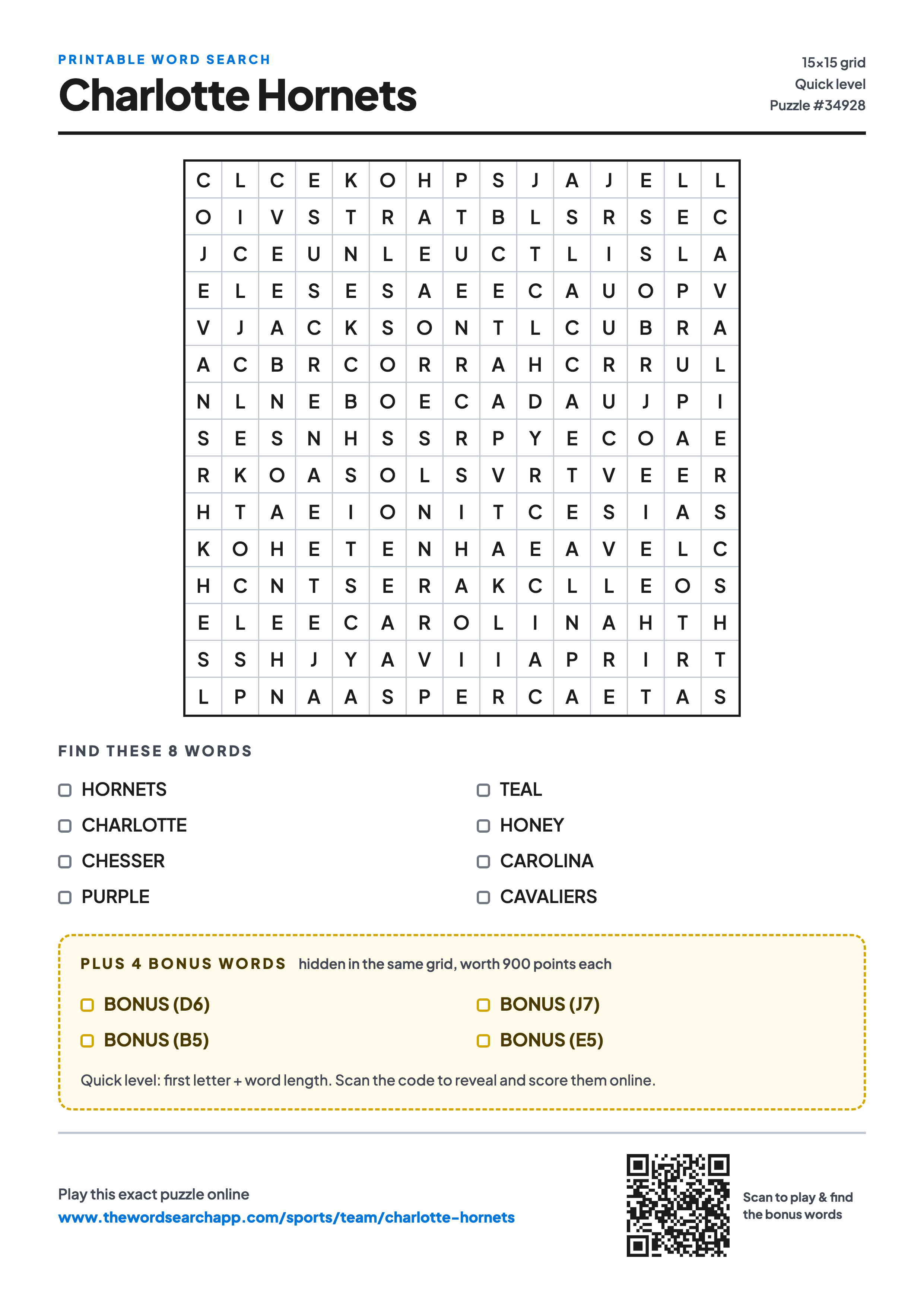 Printable Charlotte Hornets word search — 15×15 letter grid with 8 words to find including HORNETS, CHARLOTTE, CHESSER, plus 4 hidden bonus words