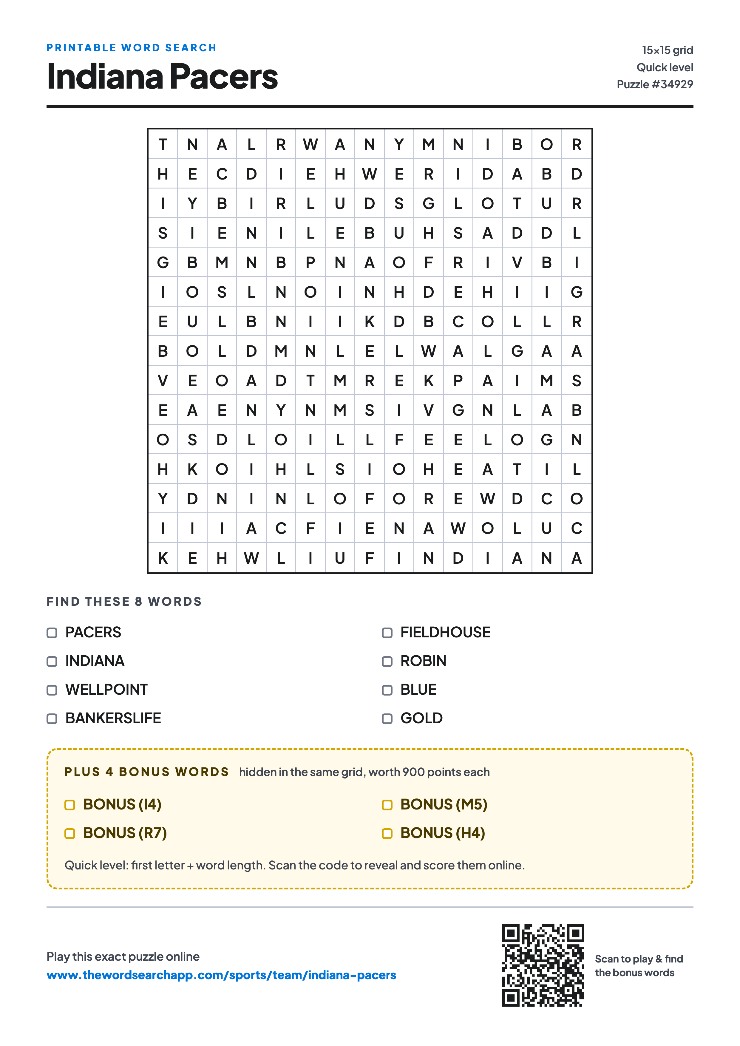 Printable Indiana Pacers word search — 15×15 letter grid with 8 words to find including PACERS, INDIANA, WELLPOINT, plus 4 hidden bonus words
