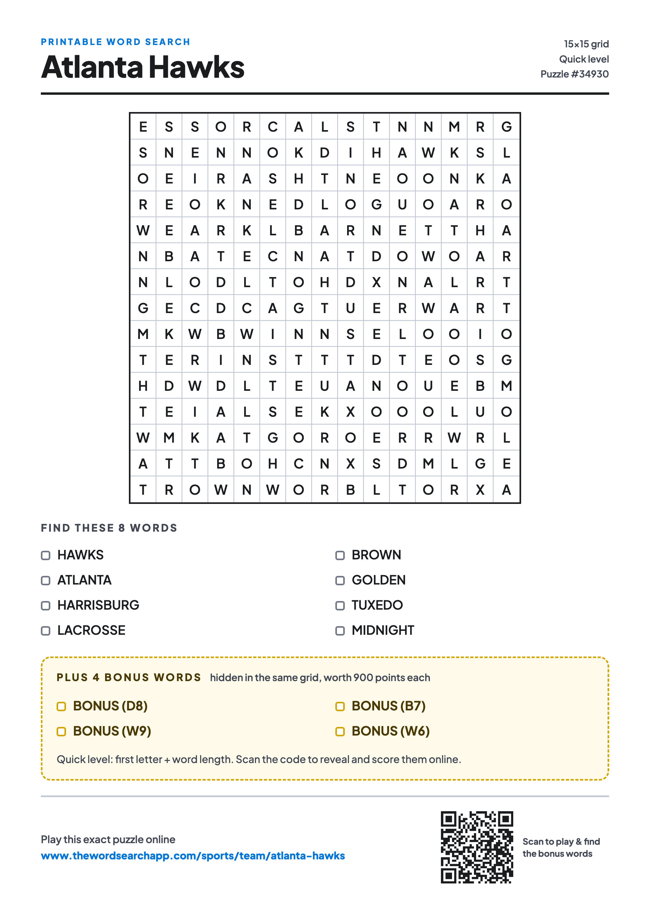 Printable Atlanta Hawks word search — 15×15 letter grid with 8 words to find including HAWKS, ATLANTA, HARRISBURG, plus 4 hidden bonus words