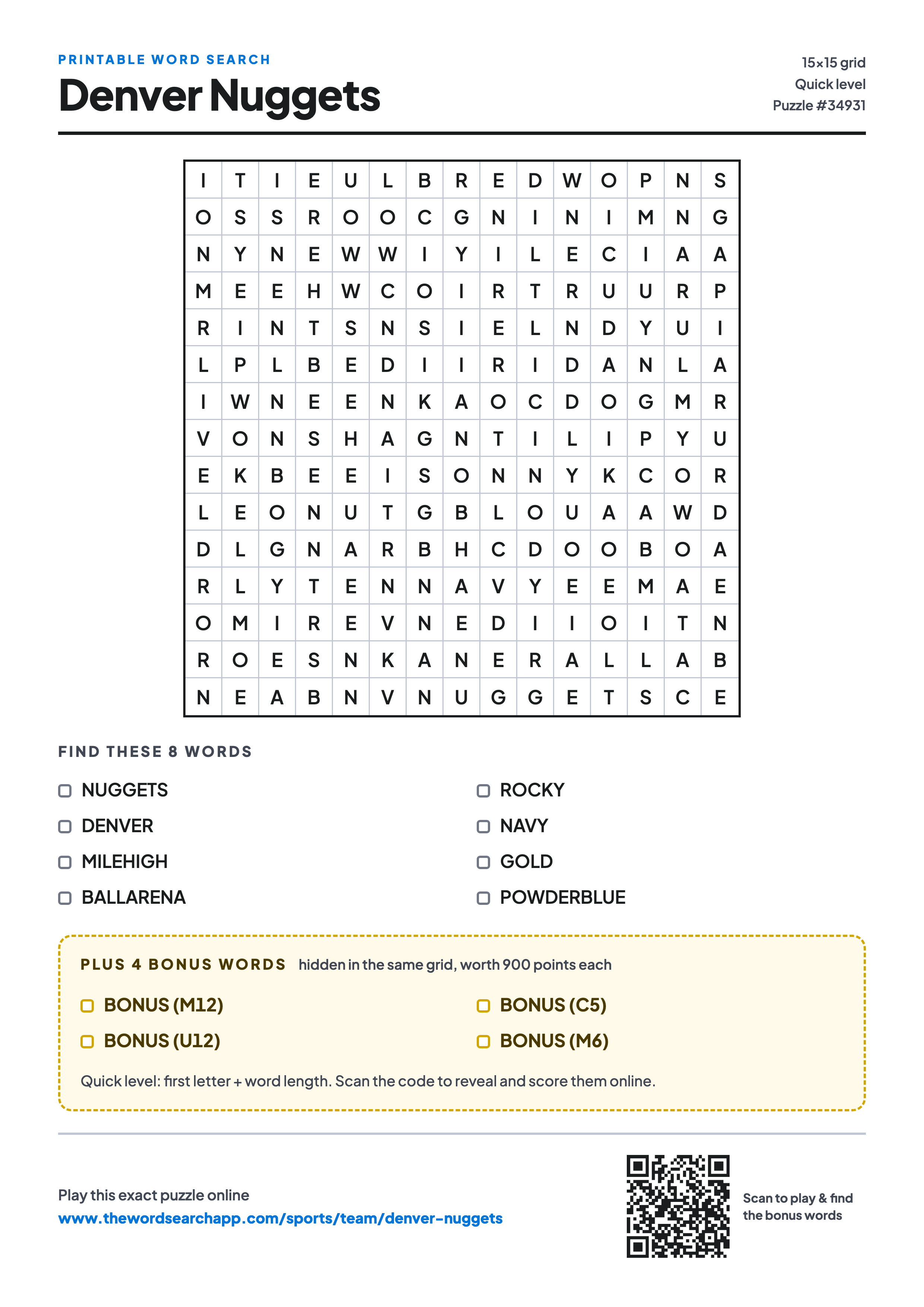 Printable Denver Nuggets word search — 15×15 letter grid with 8 words to find including NUGGETS, DENVER, MILEHIGH, plus 4 hidden bonus words