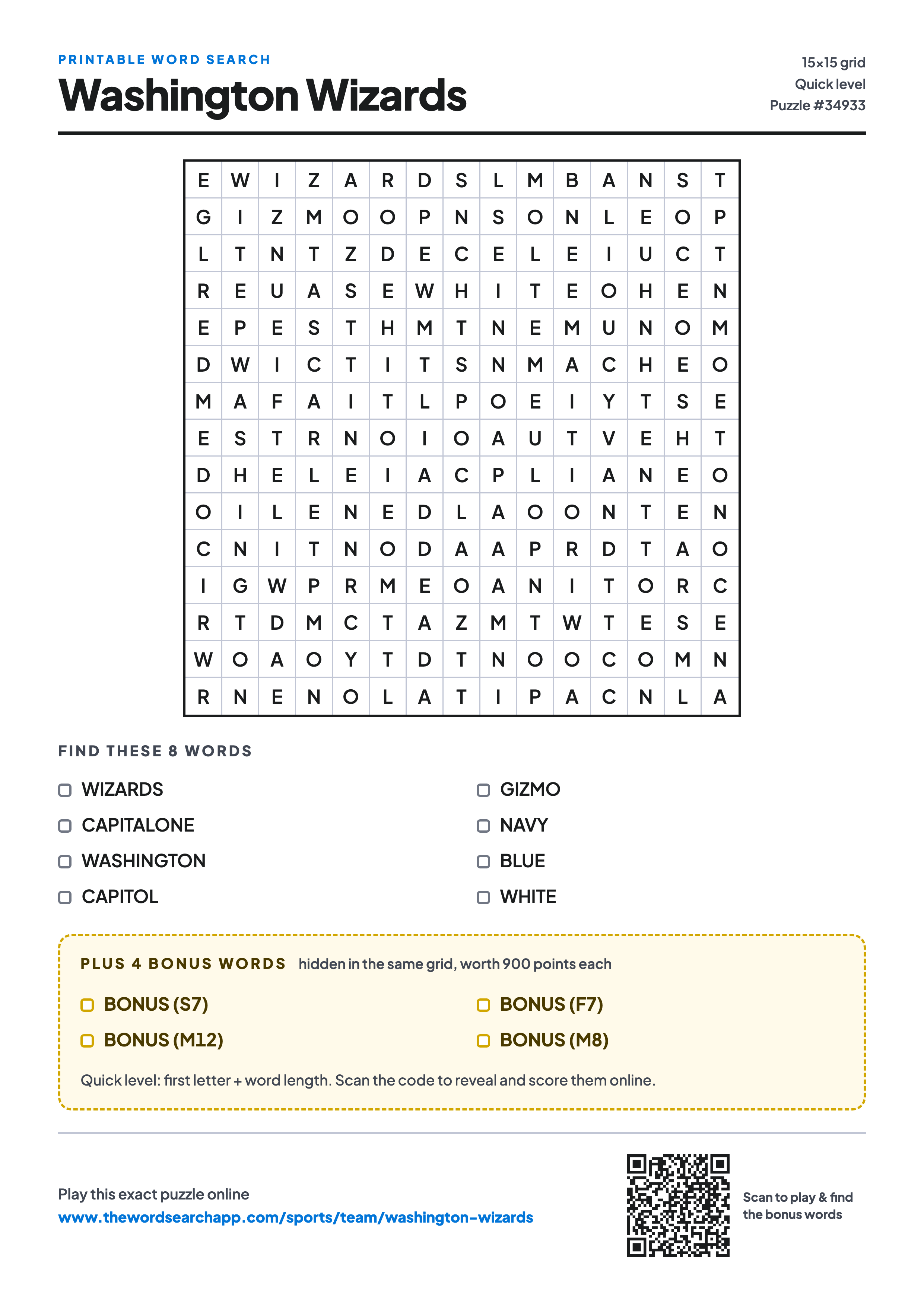 Printable Washington Wizards word search — 15×15 letter grid with 8 words to find including WIZARDS, CAPITALONE, WASHINGTON, plus 4 hidden bonus words
