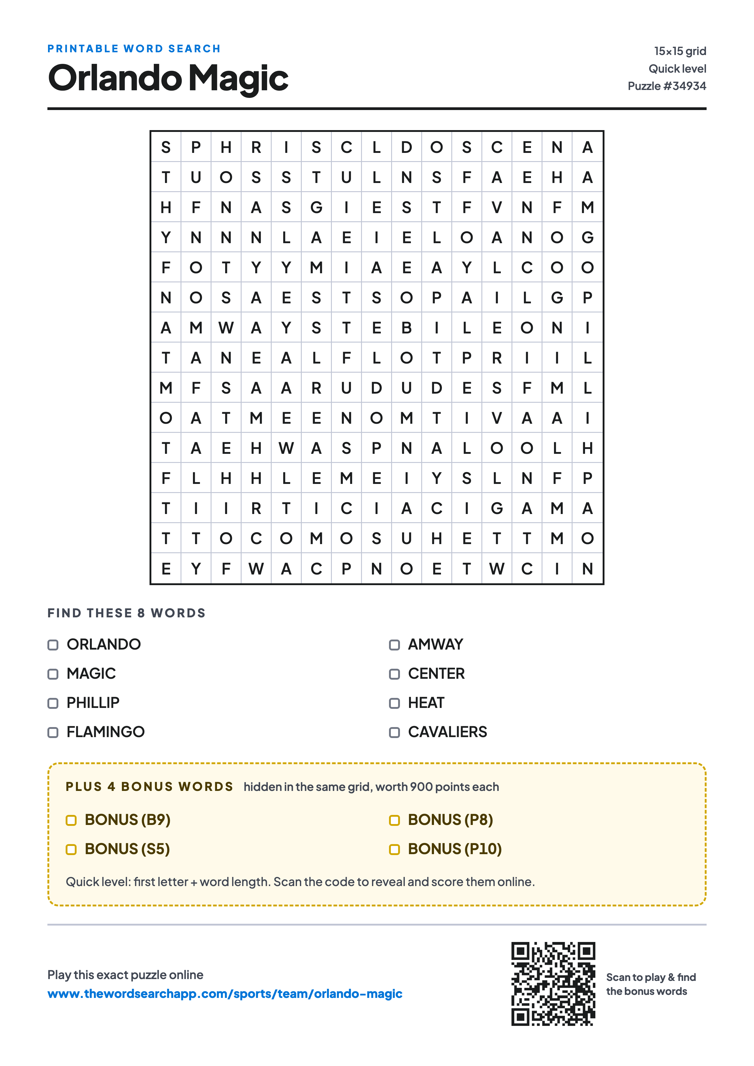 Printable Orlando Magic word search — 15×15 letter grid with 8 words to find including ORLANDO, MAGIC, PHILLIP, plus 4 hidden bonus words