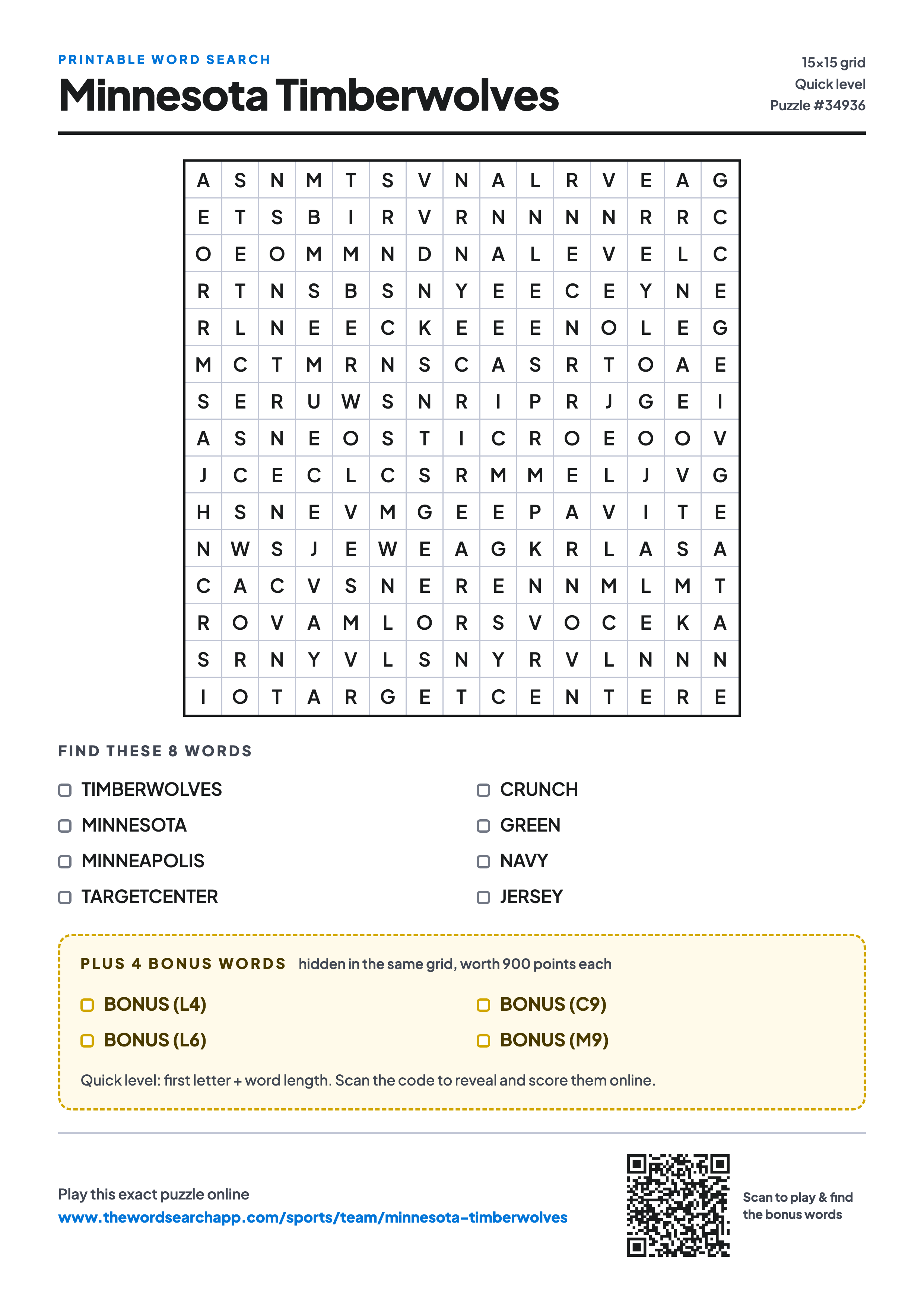 Printable Minnesota Timberwolves word search — 15×15 letter grid with 8 words to find including TIMBERWOLVES, MINNESOTA, MINNEAPOLIS, plus 4 hidden bonus words