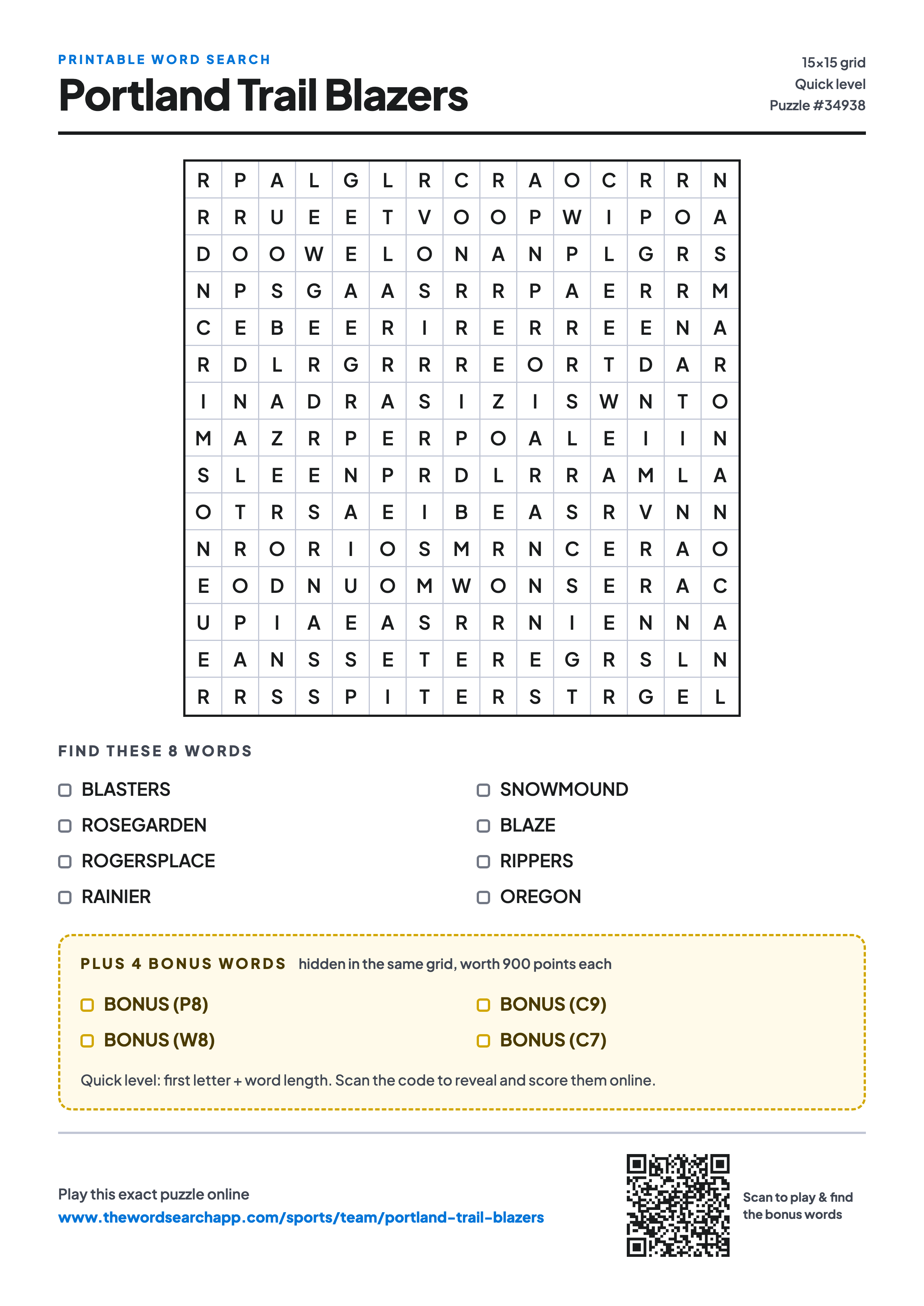 Printable Portland Trail Blazers word search — 15×15 letter grid with 8 words to find including BLASTERS, ROSEGARDEN, ROGERSPLACE, plus 4 hidden bonus words