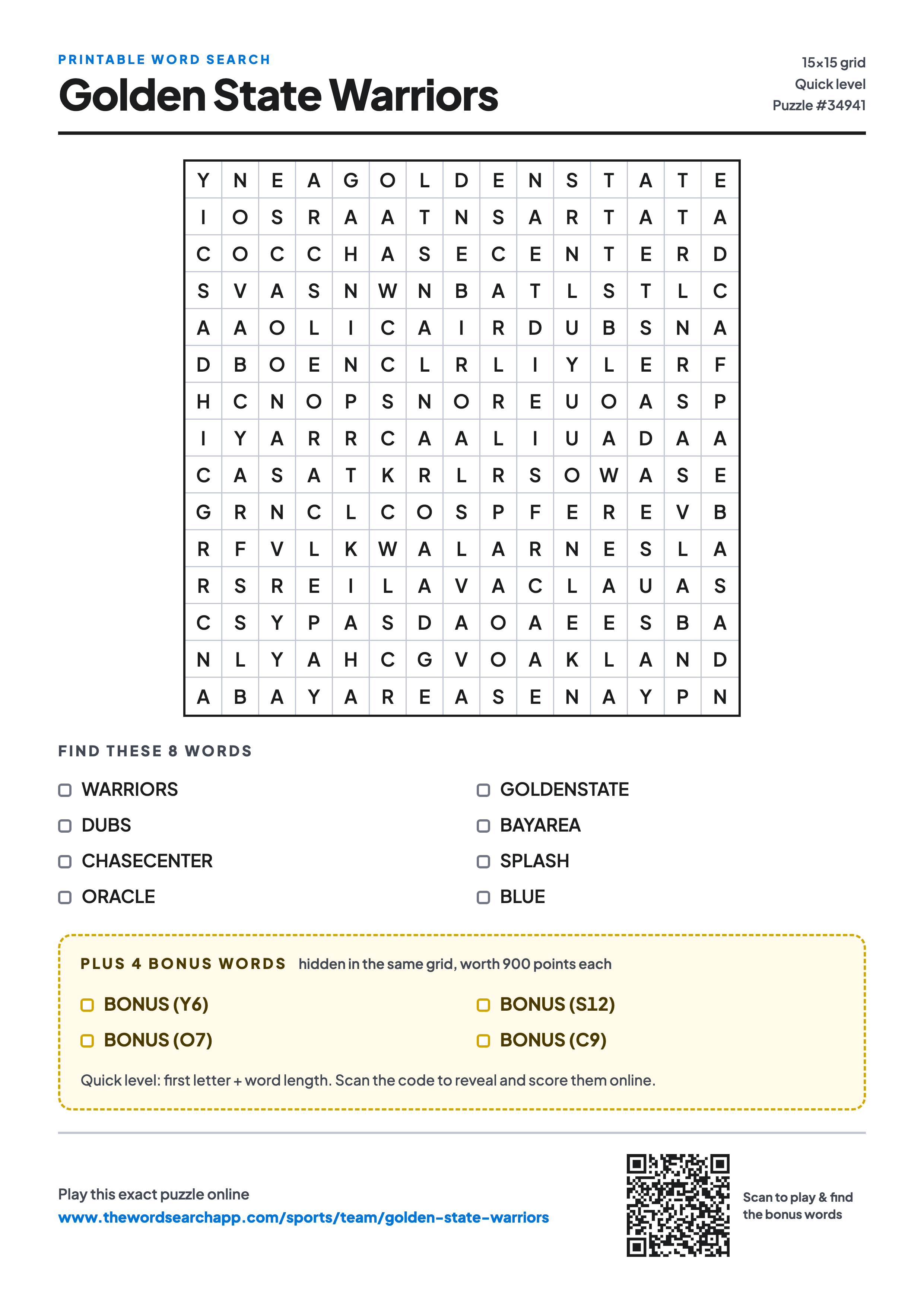 Printable Golden State Warriors word search — 15×15 letter grid with 8 words to find including WARRIORS, DUBS, CHASECENTER, plus 4 hidden bonus words
